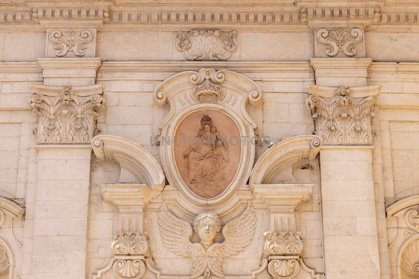 Martina Franca, Italy, Apulia - May 25, 2024: Decorative facade of Church of the Madonna del Carmine (Chiesa Parrocchiale della Madonna del Carmine)