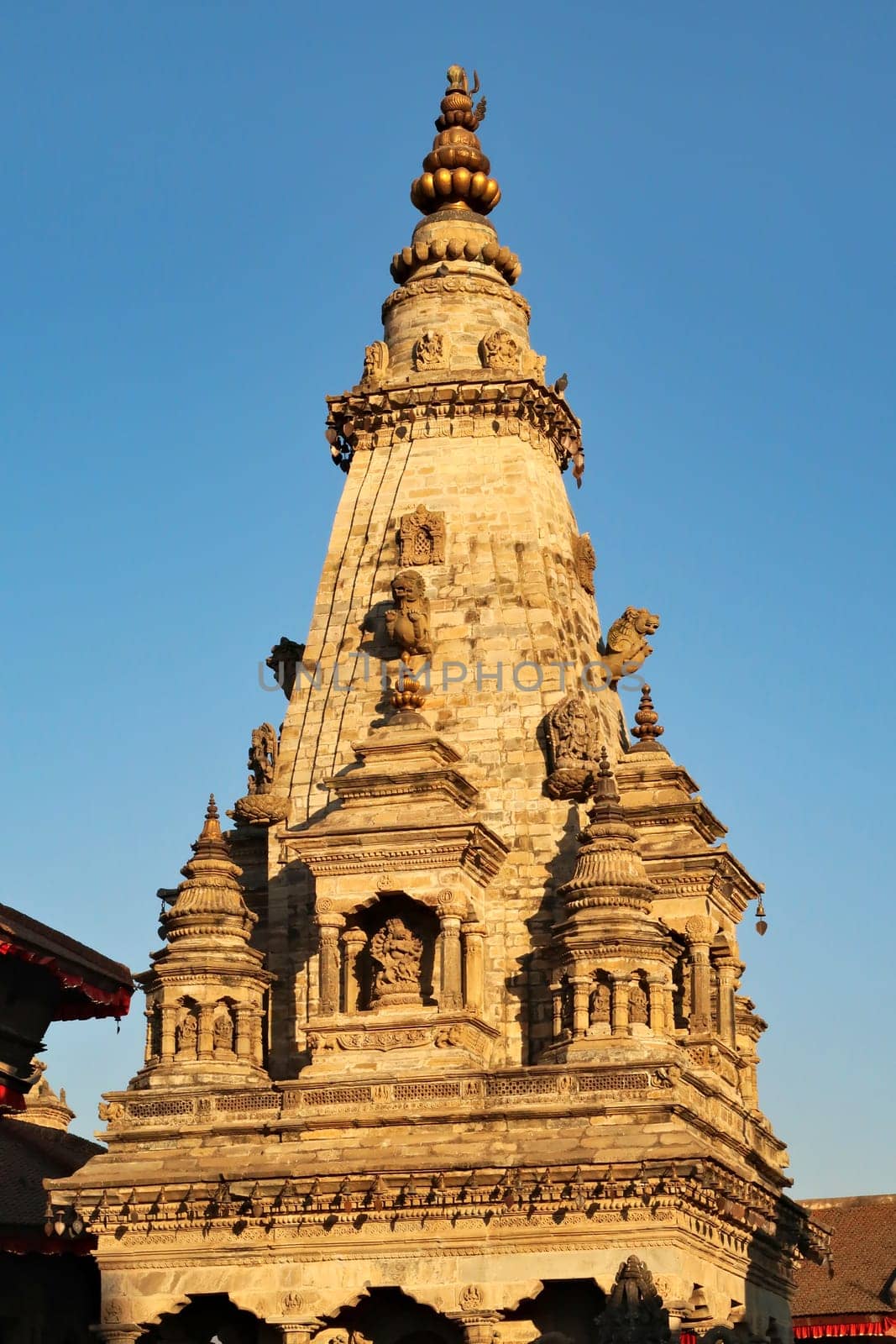 The elaborate roof, upper facade of the Nritya, Nrtya Vatsala, Vatsala Durga, Devi Temple in the Durbar Square of Bhaktapur, Nepal 2022