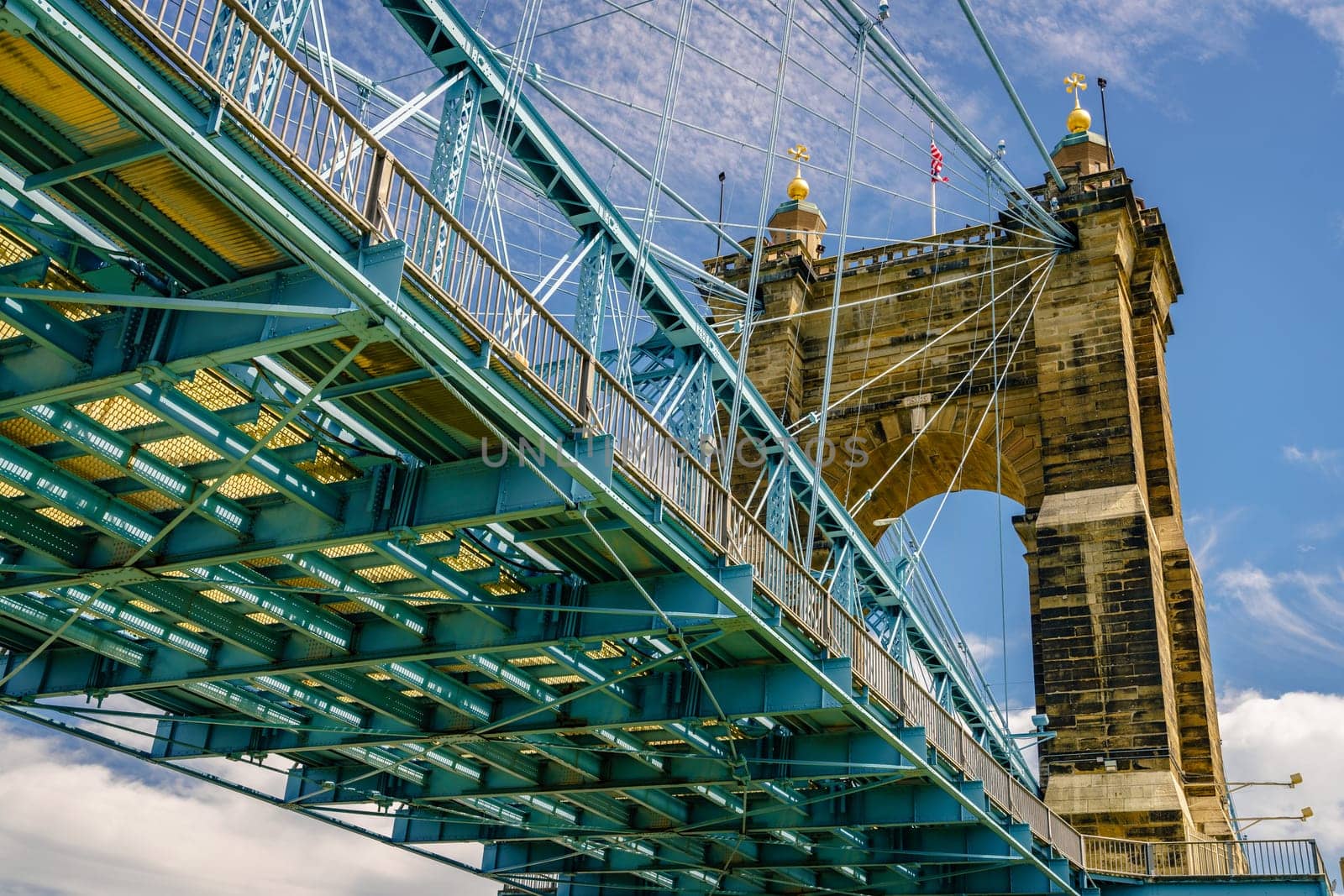 Section of historic Roebling Suspension Bridge over the Ohio River in Cincinnati downtown