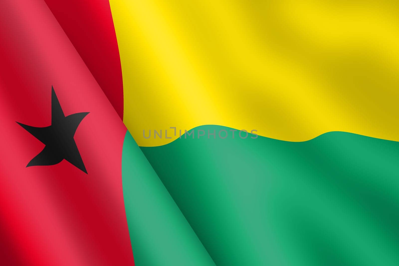 A Guinea-Bissau waving flag 3d illustration wind ripple red yellow green star black