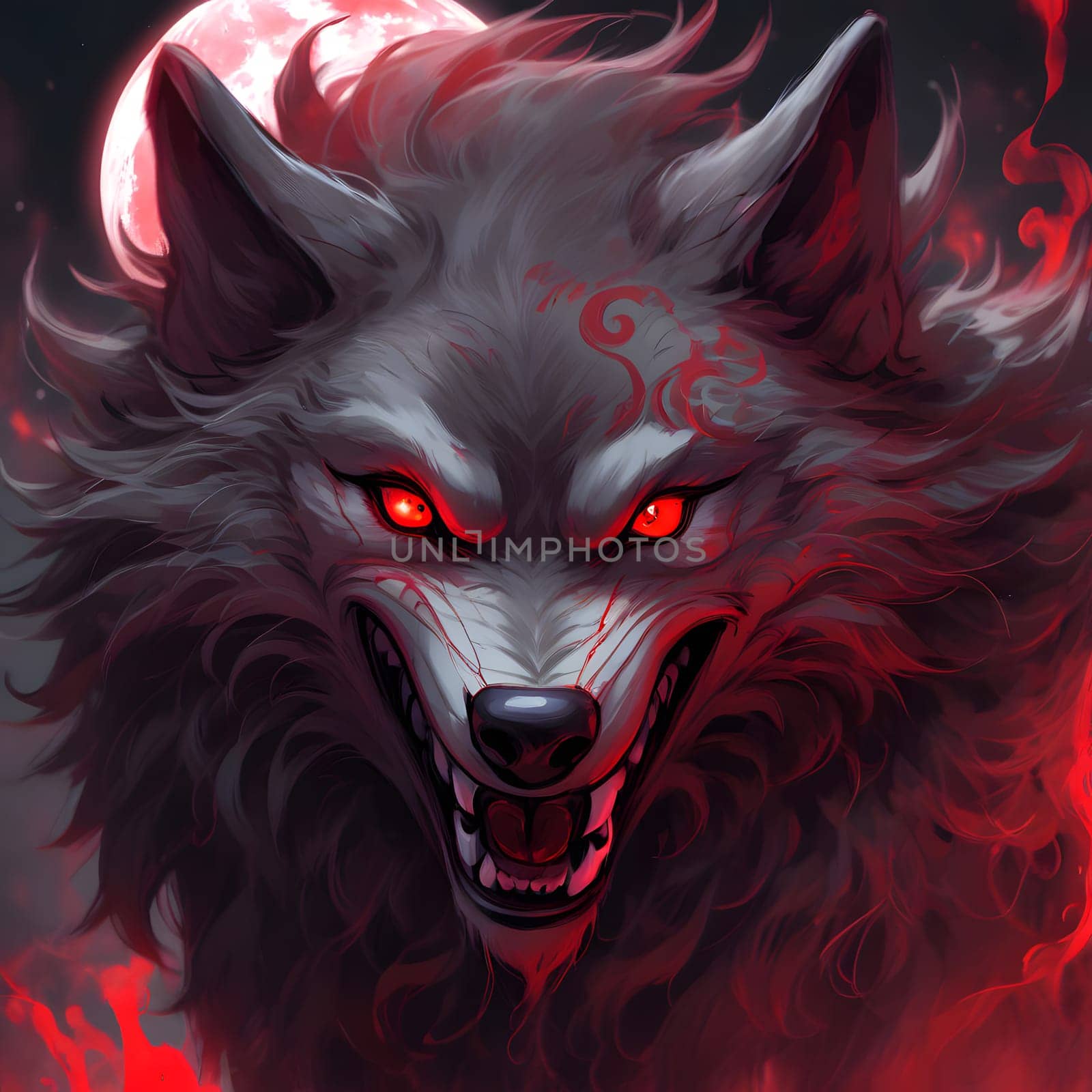 Bloodthirsty wolves howl at the red blood moon and spread terror