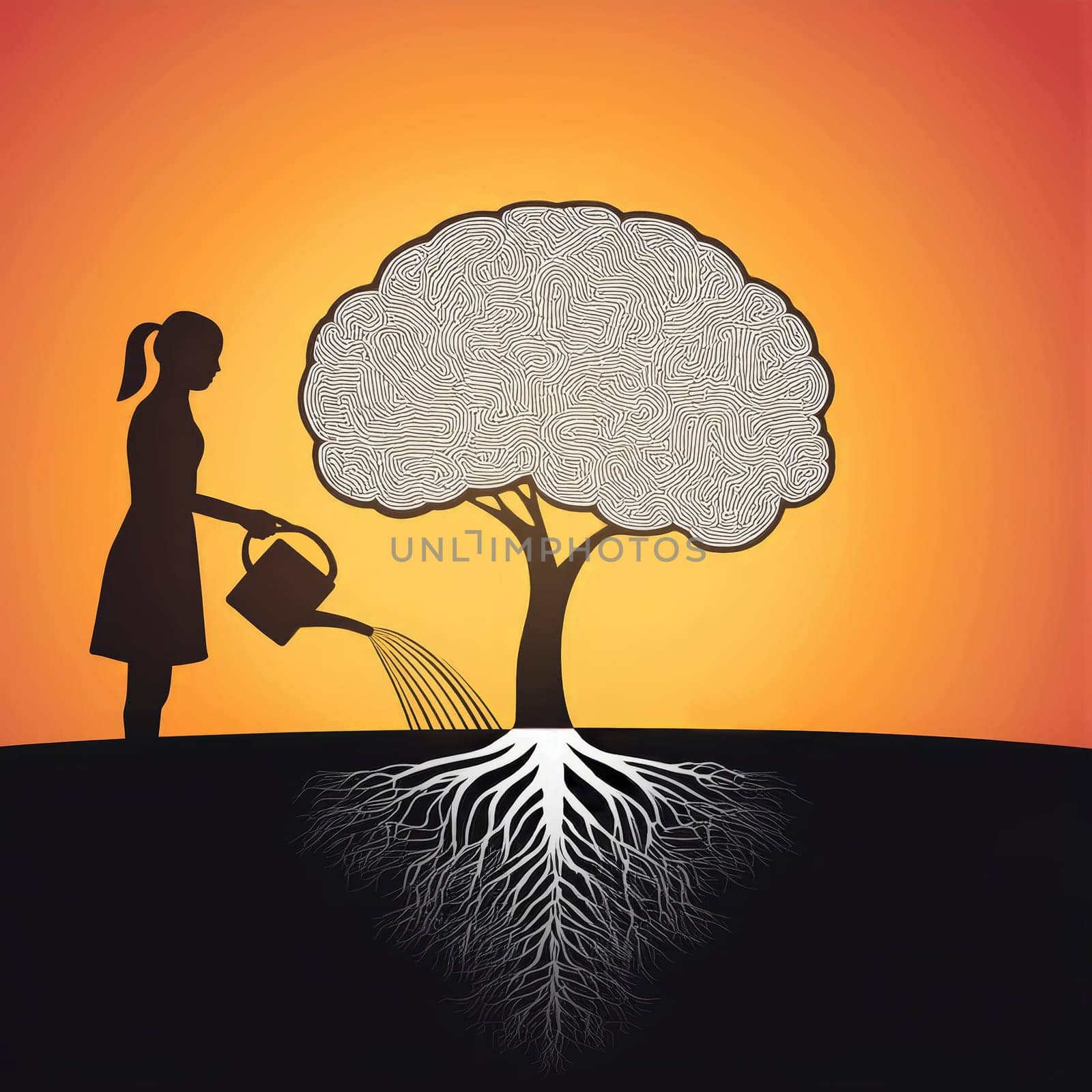 Brain tree in a desolate land and a woman silhouette watering the roots using a sprinkling can. Mental health conceptual
