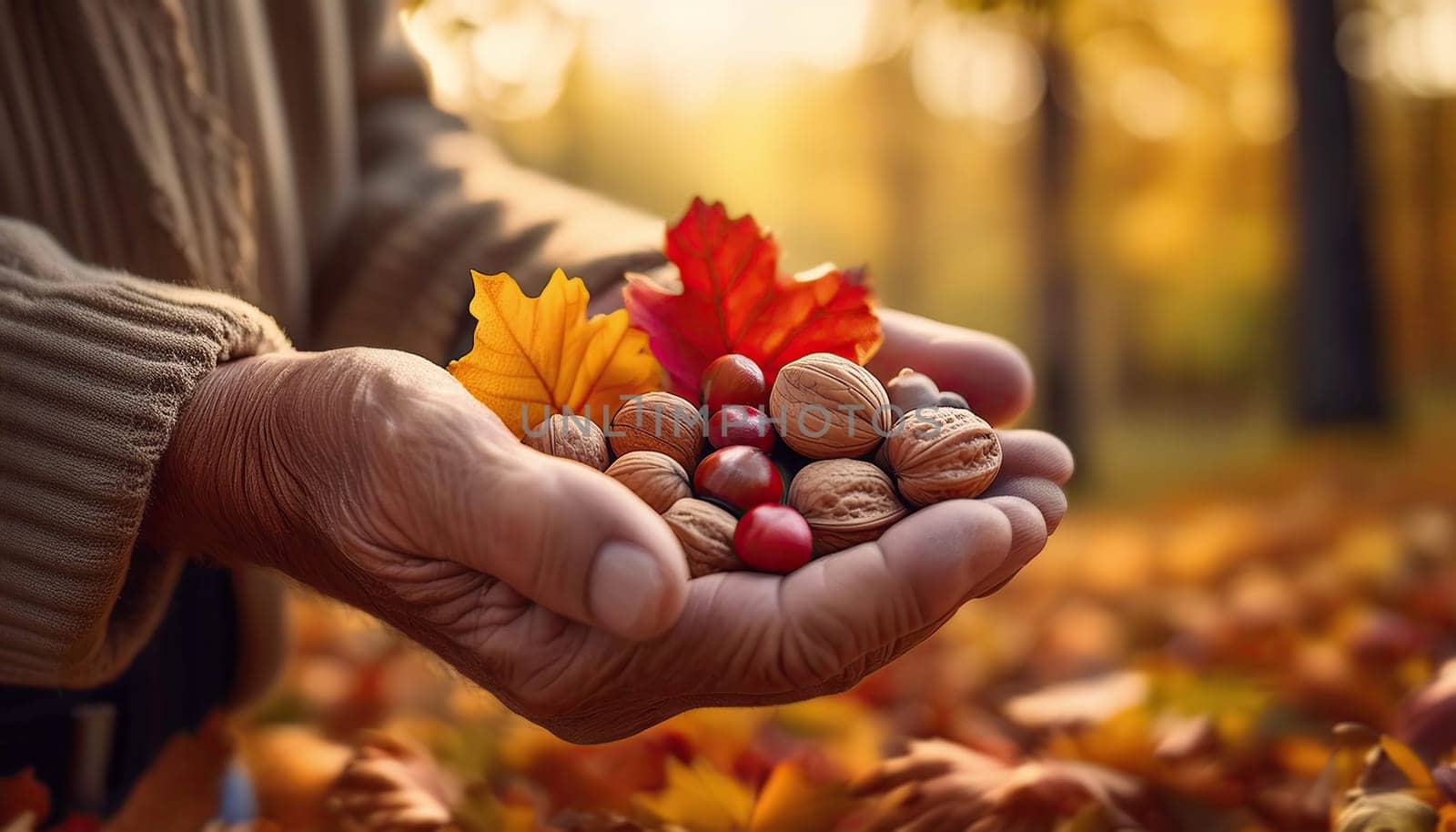 Closeup old man hands holding walnuts and chestnuts with colorful leaves in the autumn forest. Fall season conceptual  background