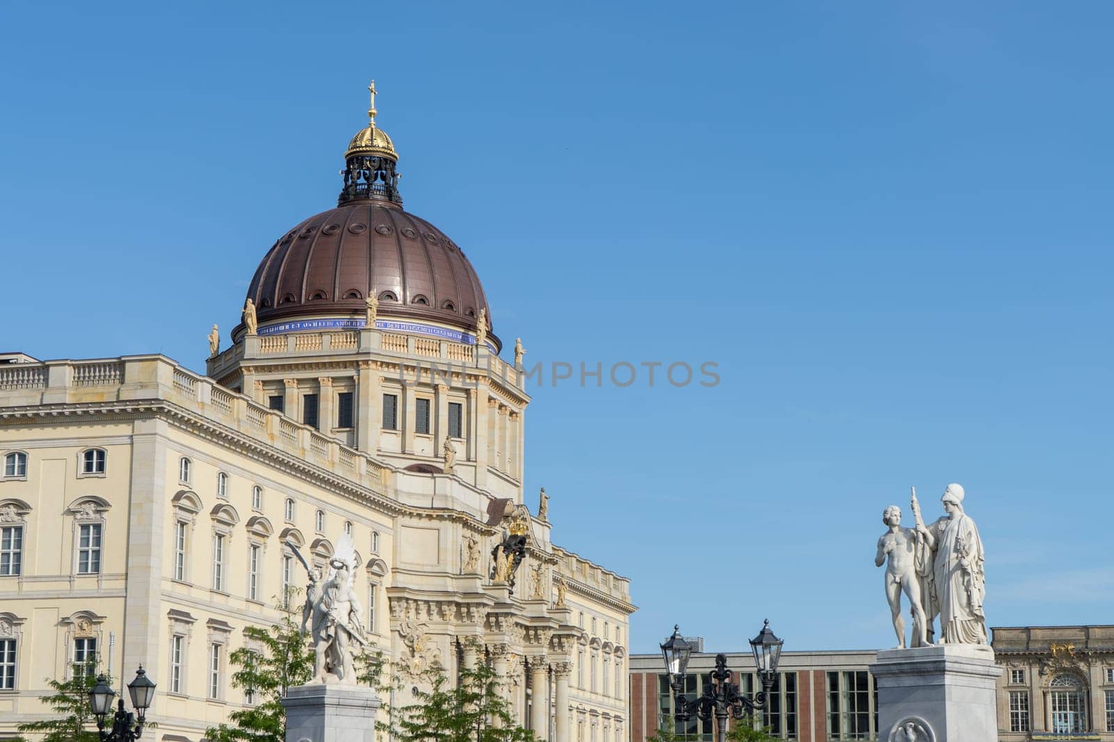 Dome of the Humboldt Forum against a blue sky in Berlin, Germany