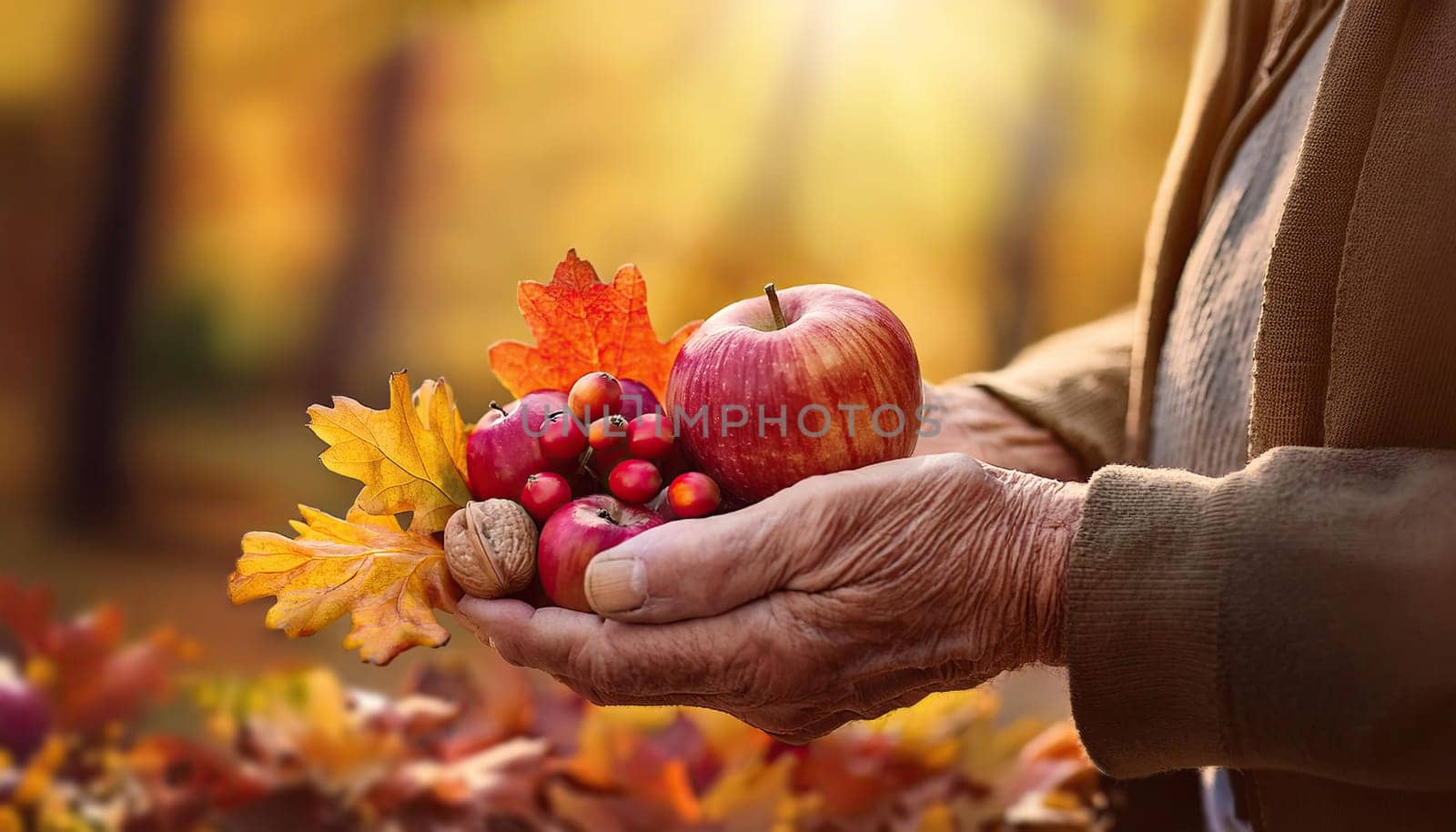 Closeup old man hands holding apple, nuts and berries with colorful leaves over autumn garden background. Farmer picks up the harvest, fall seasonal concept