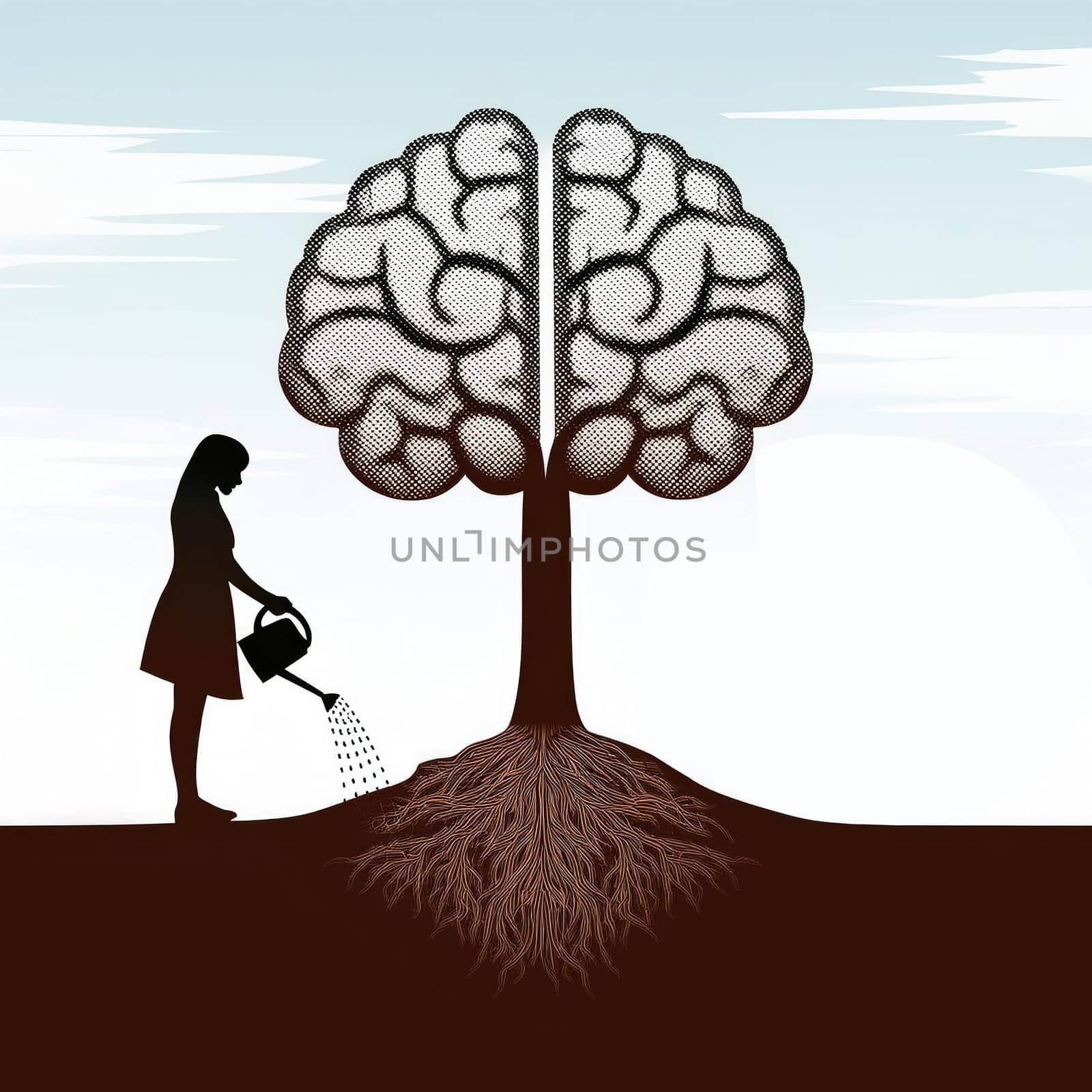 Brain tree in a desolate land and a woman silhouette watering the roots using a sprinkling can. Mental health conceptual