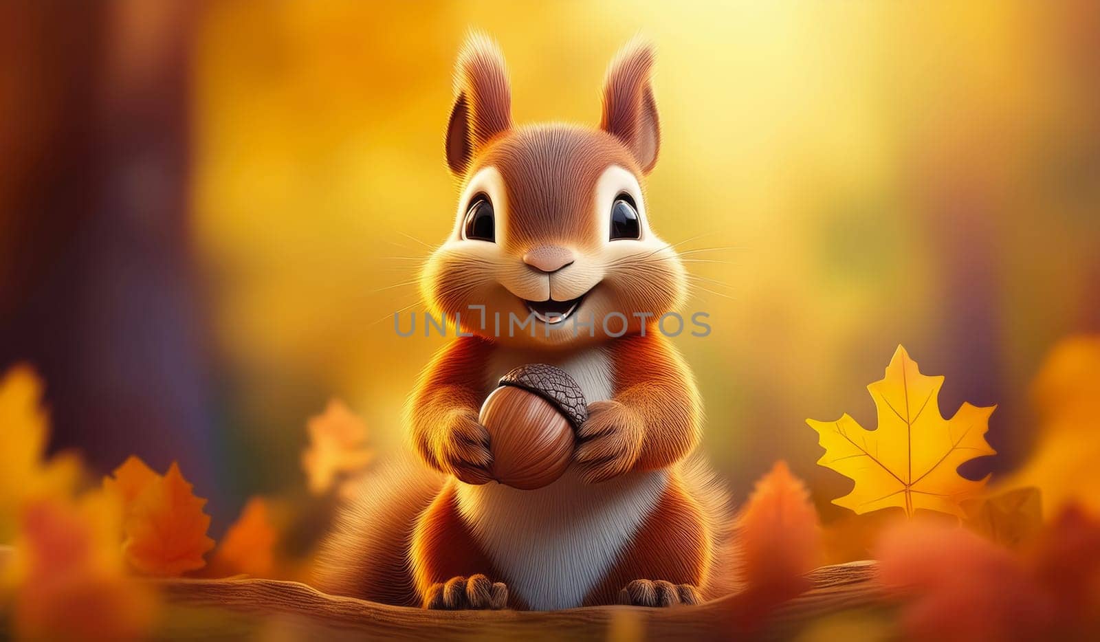 Cute and funny squirrel character standing on a tree branch holding an oak acorn. Autumn seasonal background