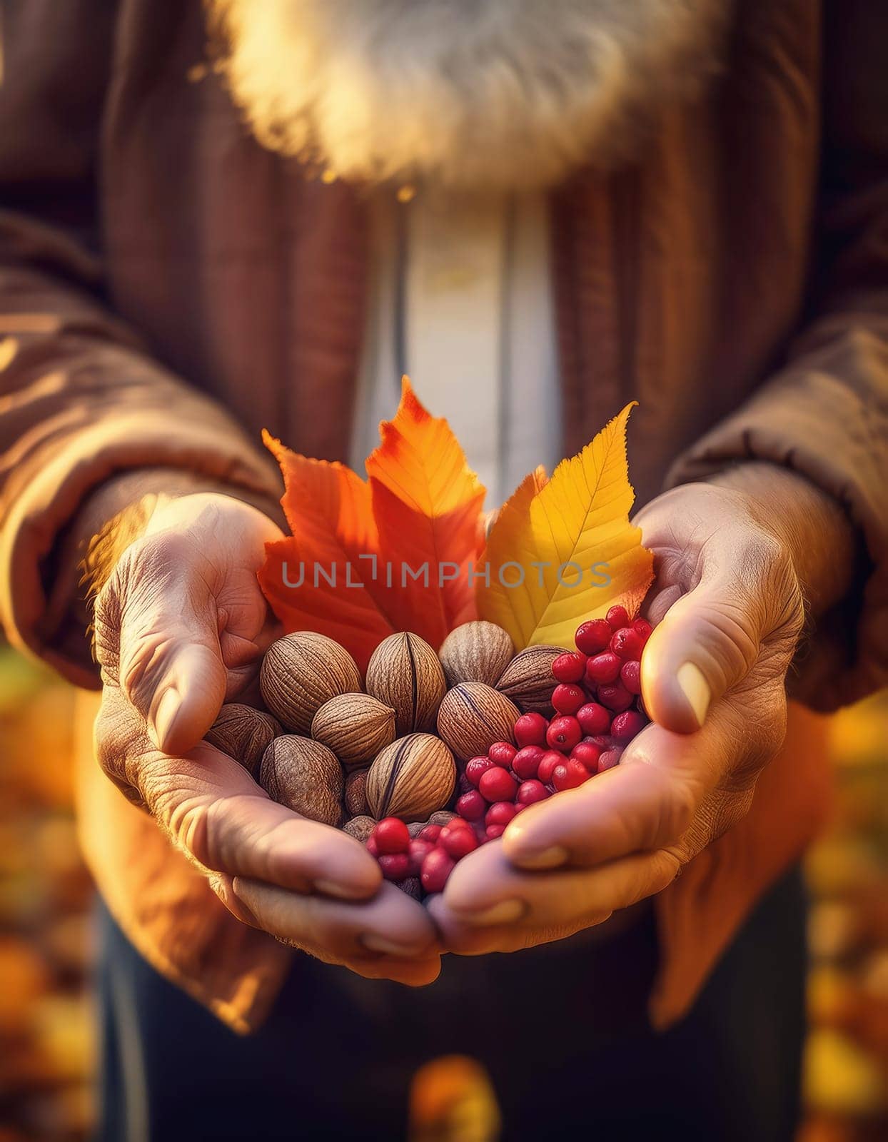 Closeup old grandpa hands holding nuts and berries with colorful leaves over autumn garden background. Senior male farmer picks up the harvest, fall seasonal concept