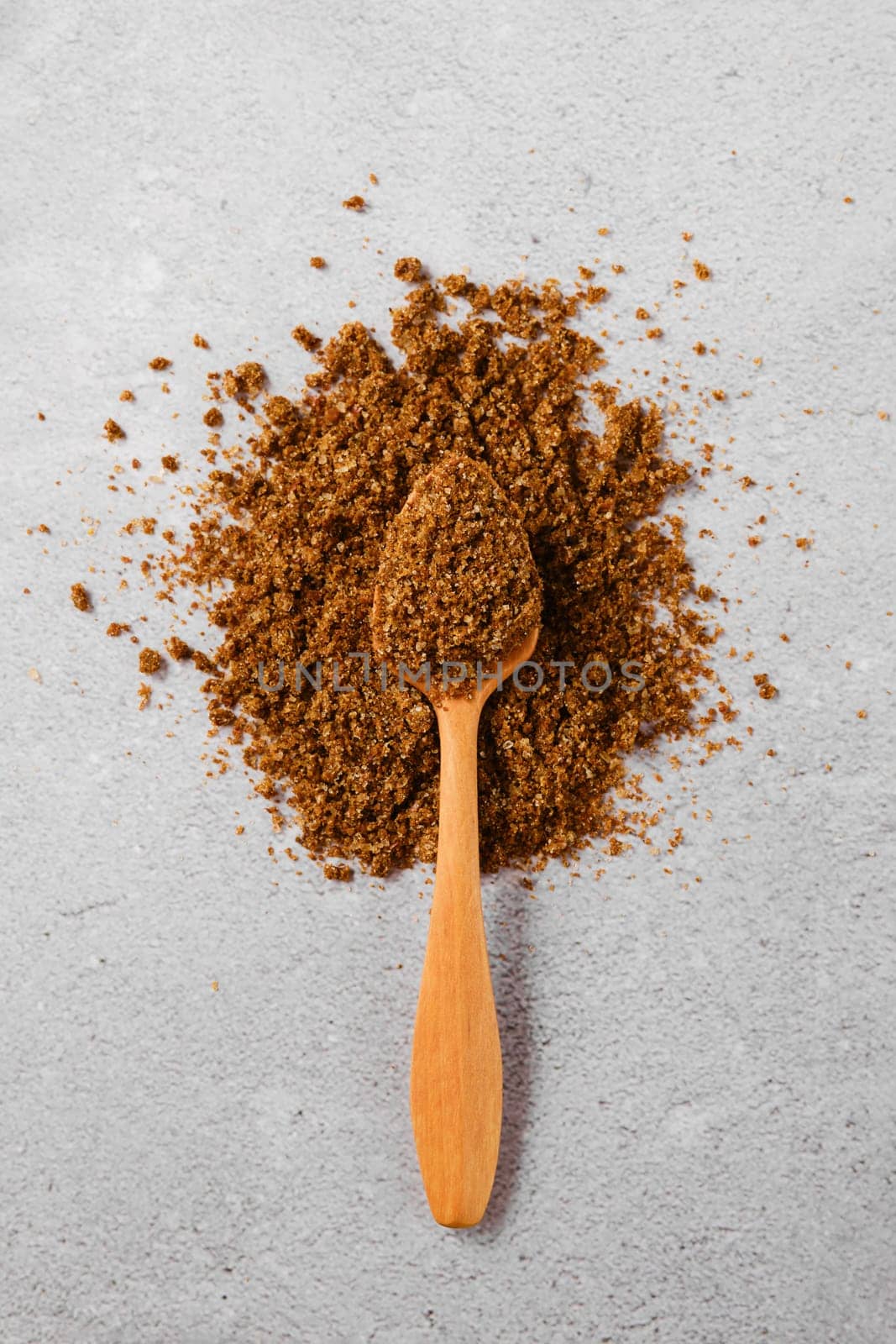 Overhead view of traditional Georgian seasoning svanetian salt and wooden spoon