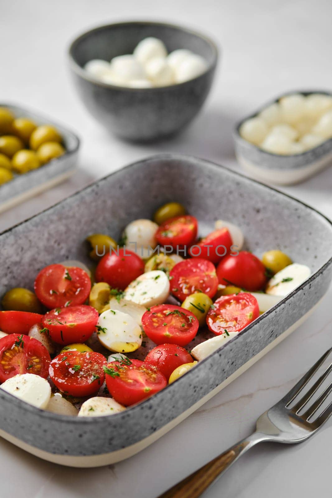 Close-up view of caprese salad seasoned with olive oil and balsamic vinegar