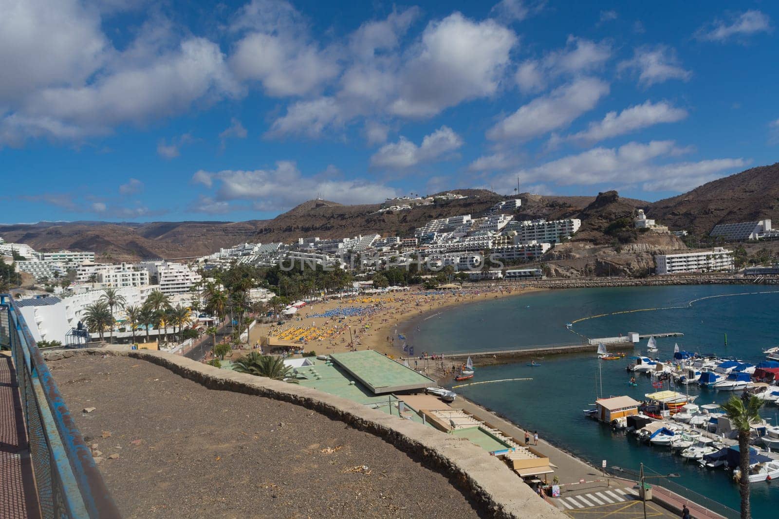 CRAN CANARIA, PUERTO RICO - NOVEMBER 16, 2019: Marina in Puerto Rico de Gran Canaria. Postcard, spain.