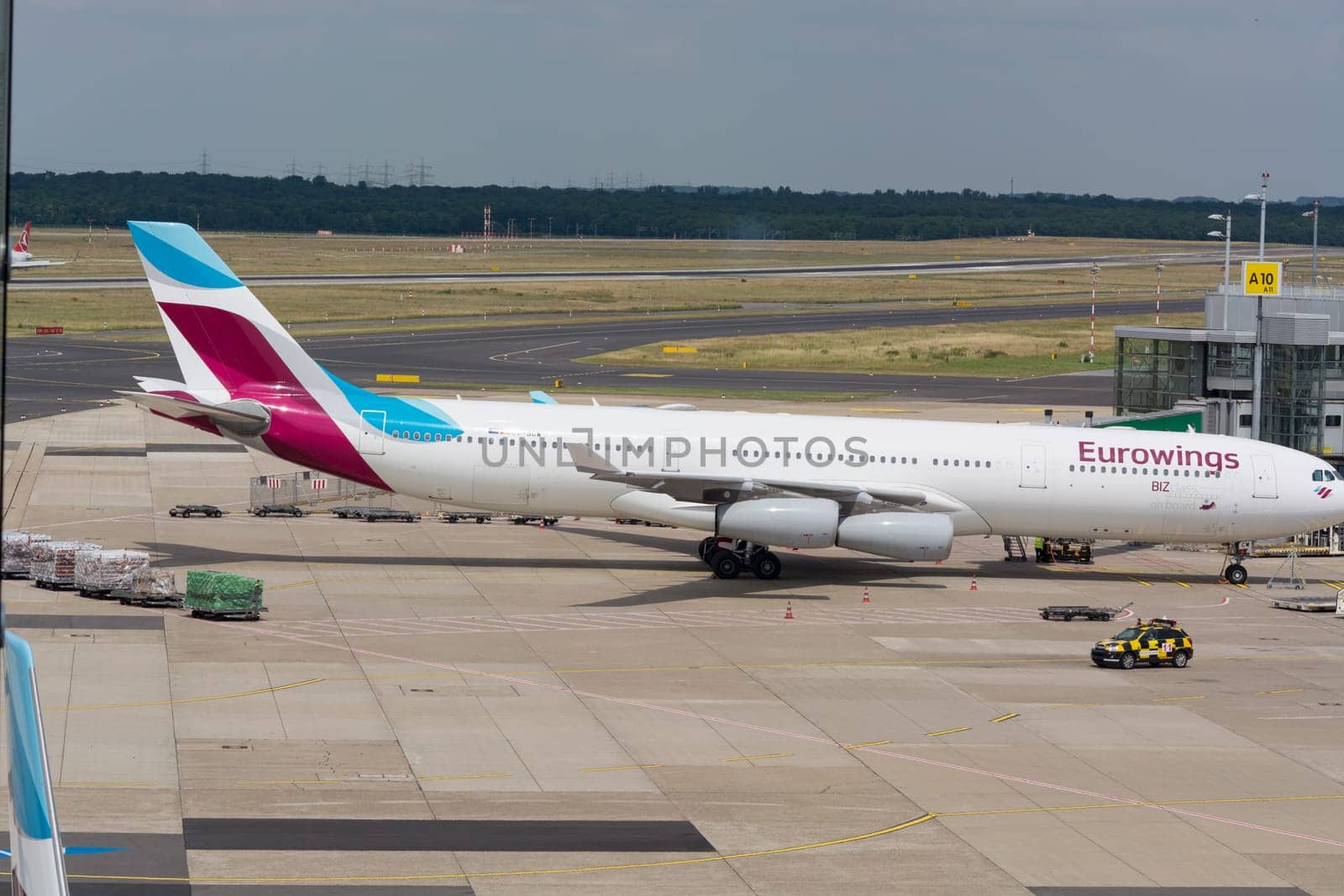 DUESSELDORF, NRW, GERMANY - JUNE 18, 2019: Eurowing plane takes off from Dusseldorf International Airport