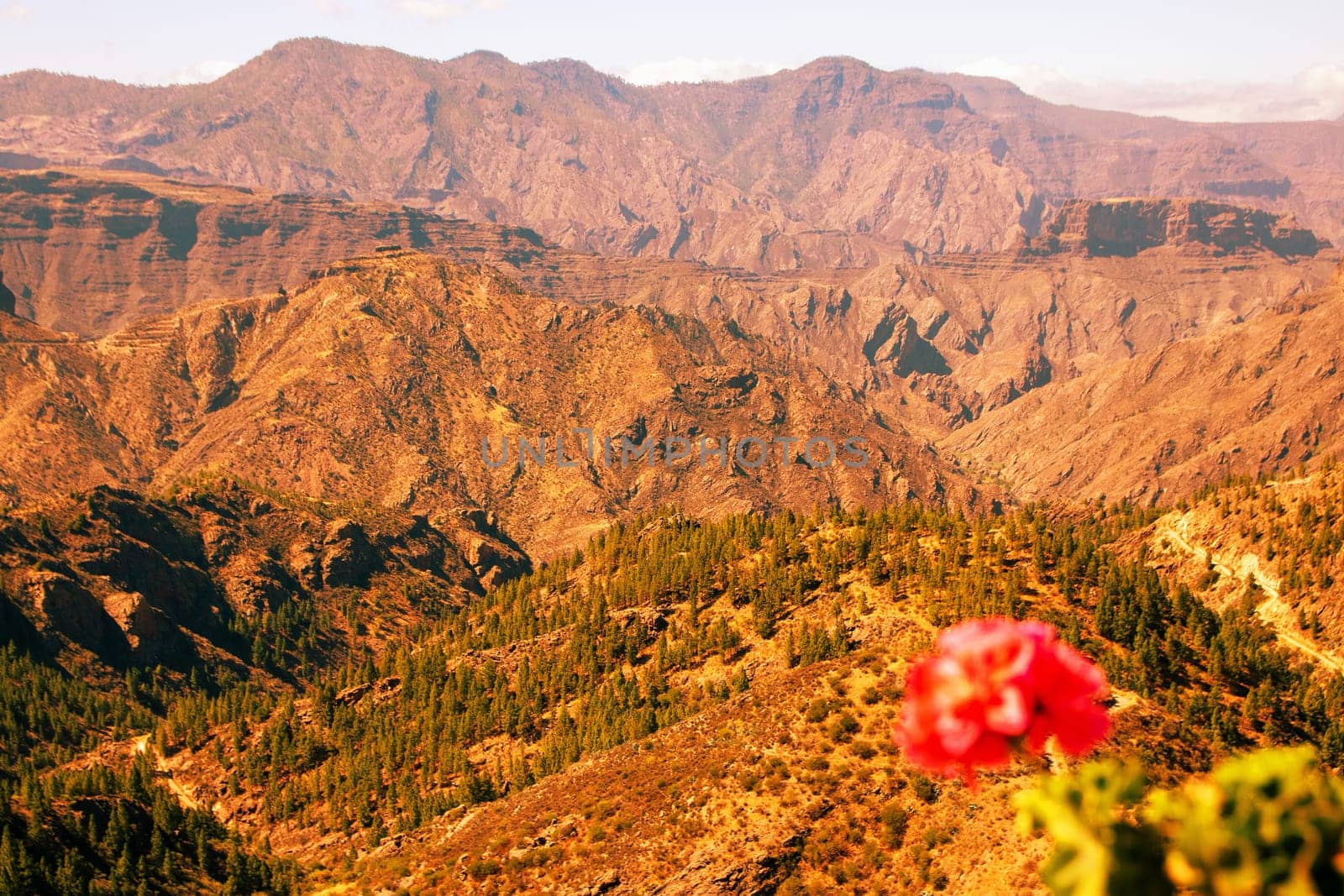 Rock texture background. Close-up of colorful red-brown rock layers of the volcano against the sky. Gran Canaria, Spain, Canary Islands.