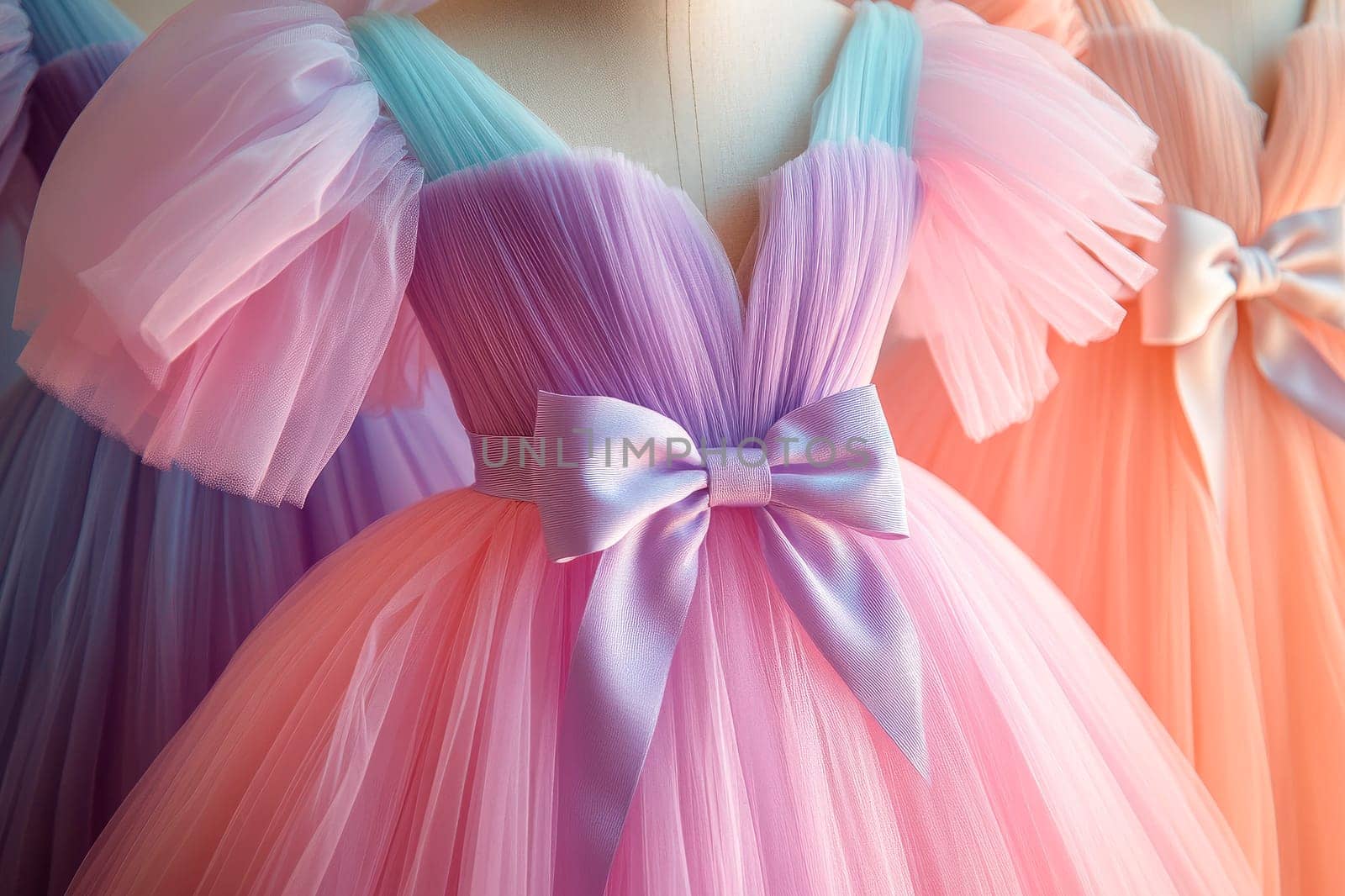 Set of beautiful ballet dresses on a mannequins. A beautiful three  dresses of soft pink, purple, and blue pastel colors. AI generated