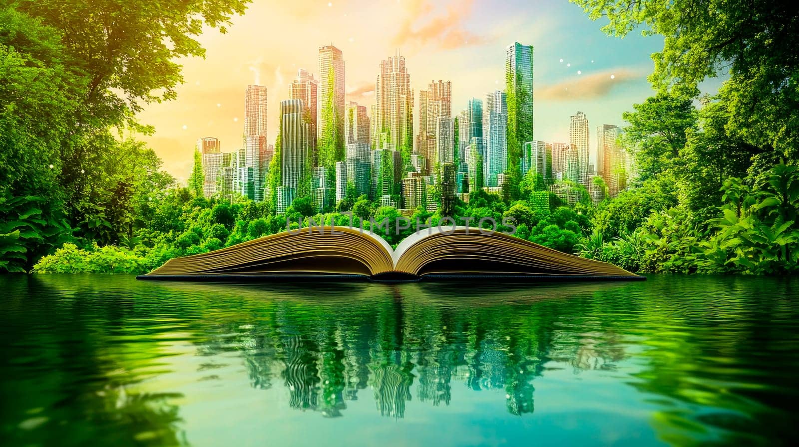 Abstract image of an open book with a green city landscape. AI generated