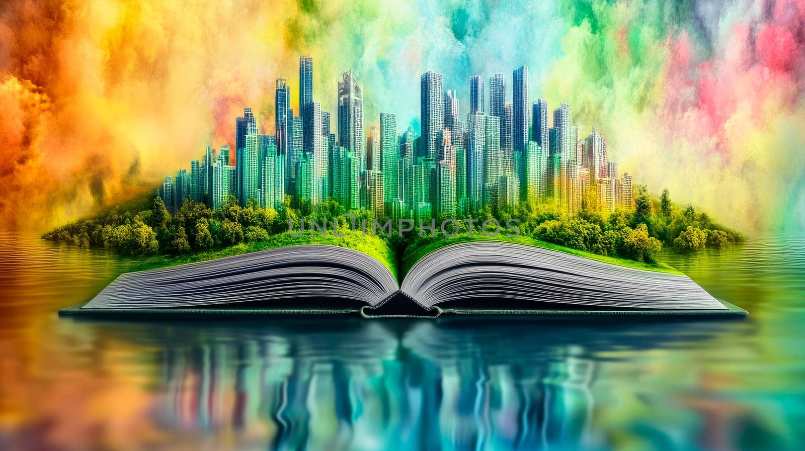 Abstract image of an open book with a modern city landscape. AI generated