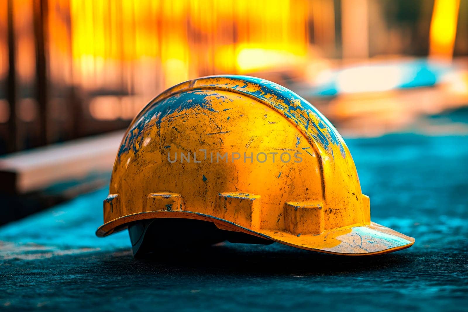 Yellow safety helmet or hard hat in construction site. AI generated