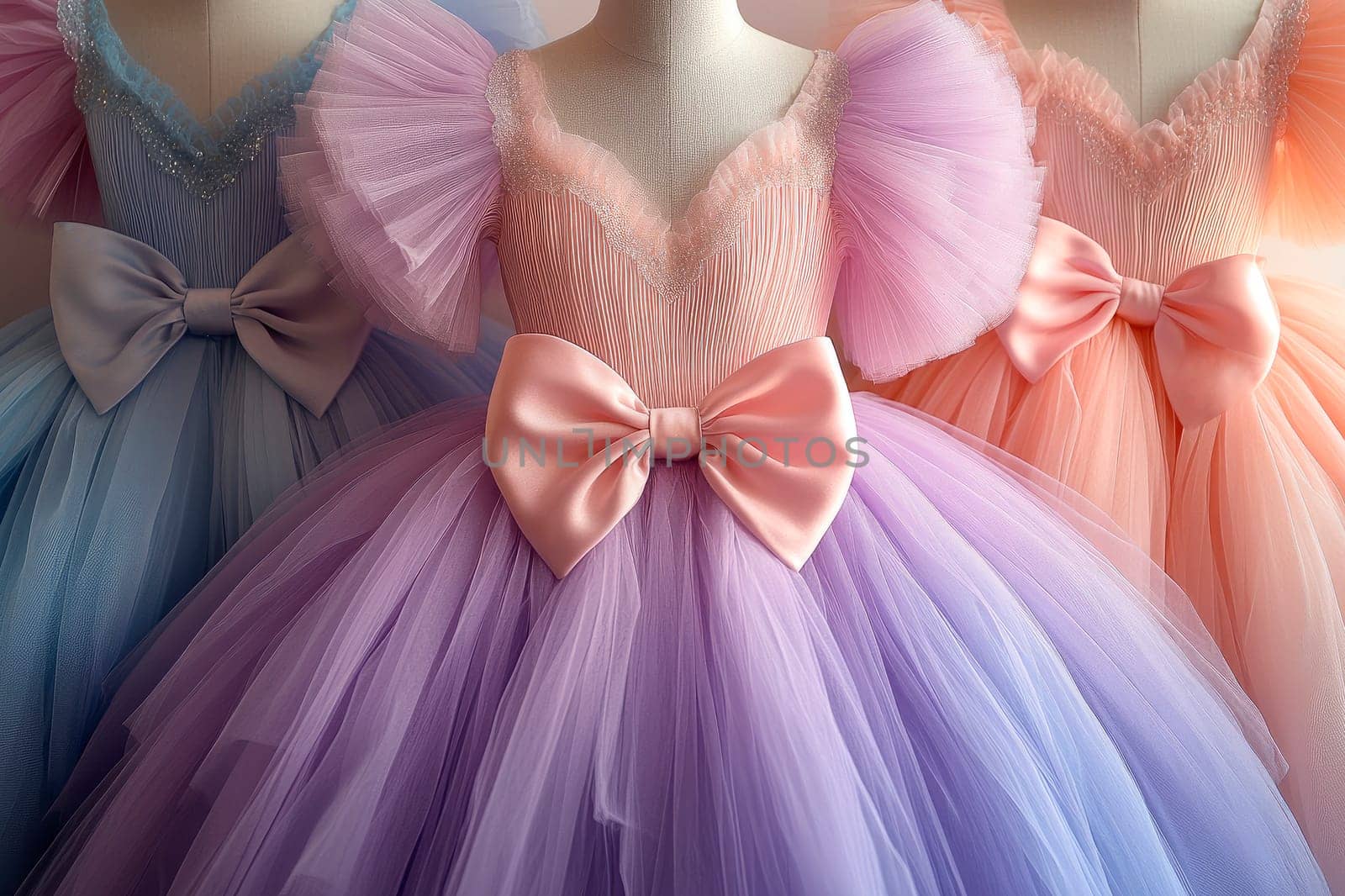 Set of beautiful ballet dresses on a mannequins. A beautiful three  dresses of soft pink, purple, and blue pastel colors. AI generated