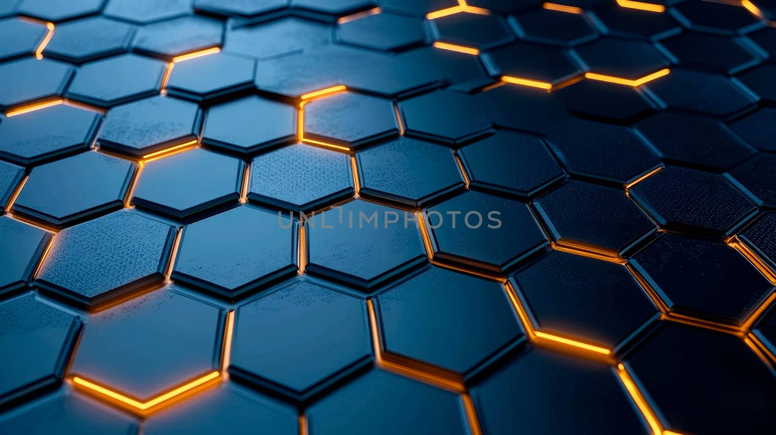 Abstract background of the hexagonal shapes pattern, carbon material with a yellow glowing light effects. AI generated