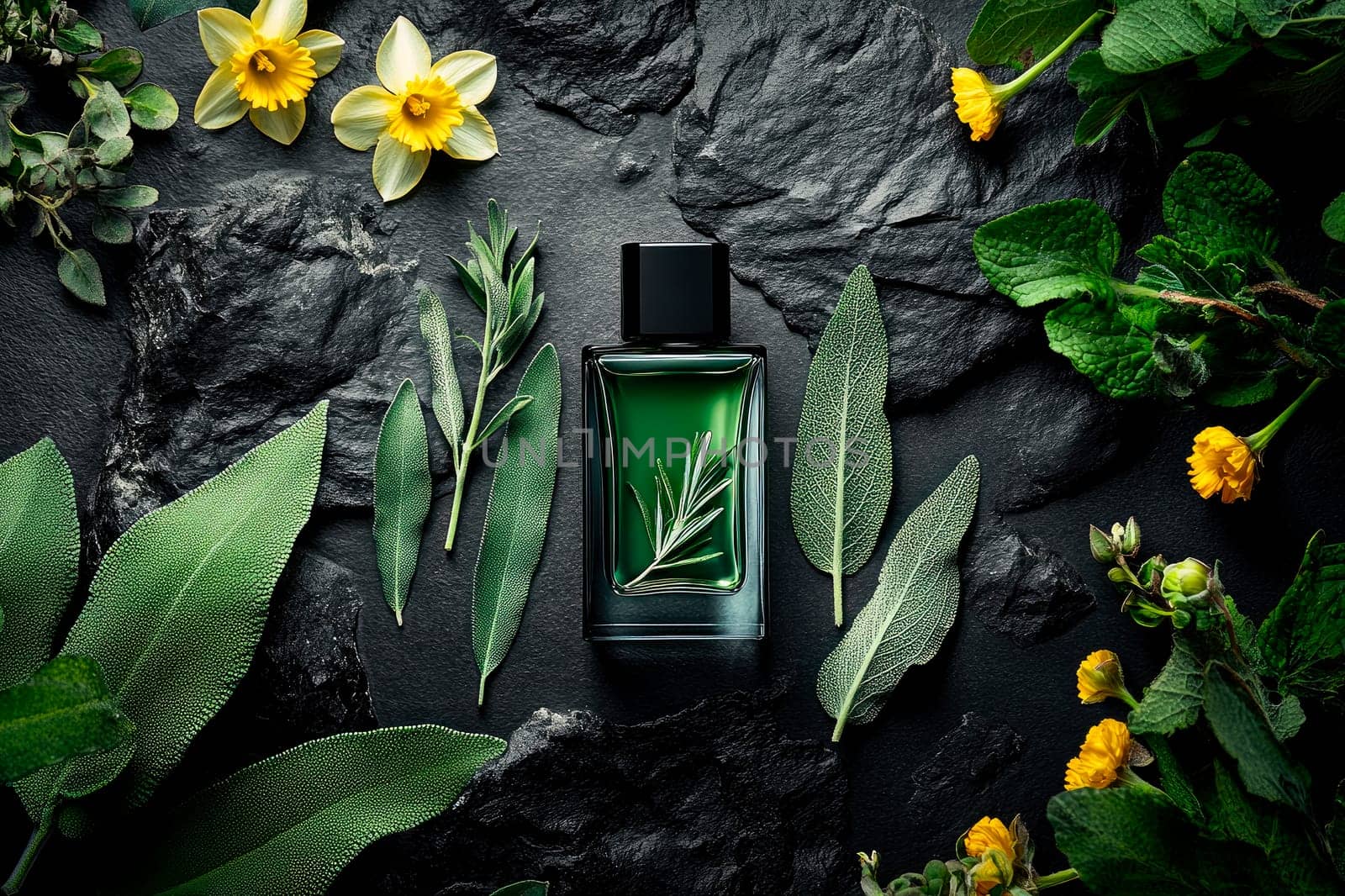 A bottle of perfume surrounded by flowers and plants on a black stone background. Top view. AI generated