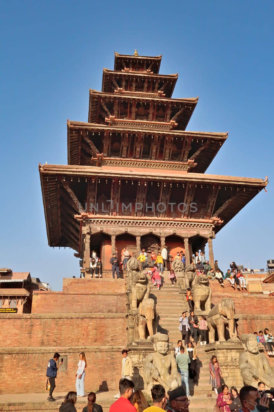 The Nyatapola Temple in the old town of Bhaktapur on a busy day, Bhaktapur, Nepal 2022
