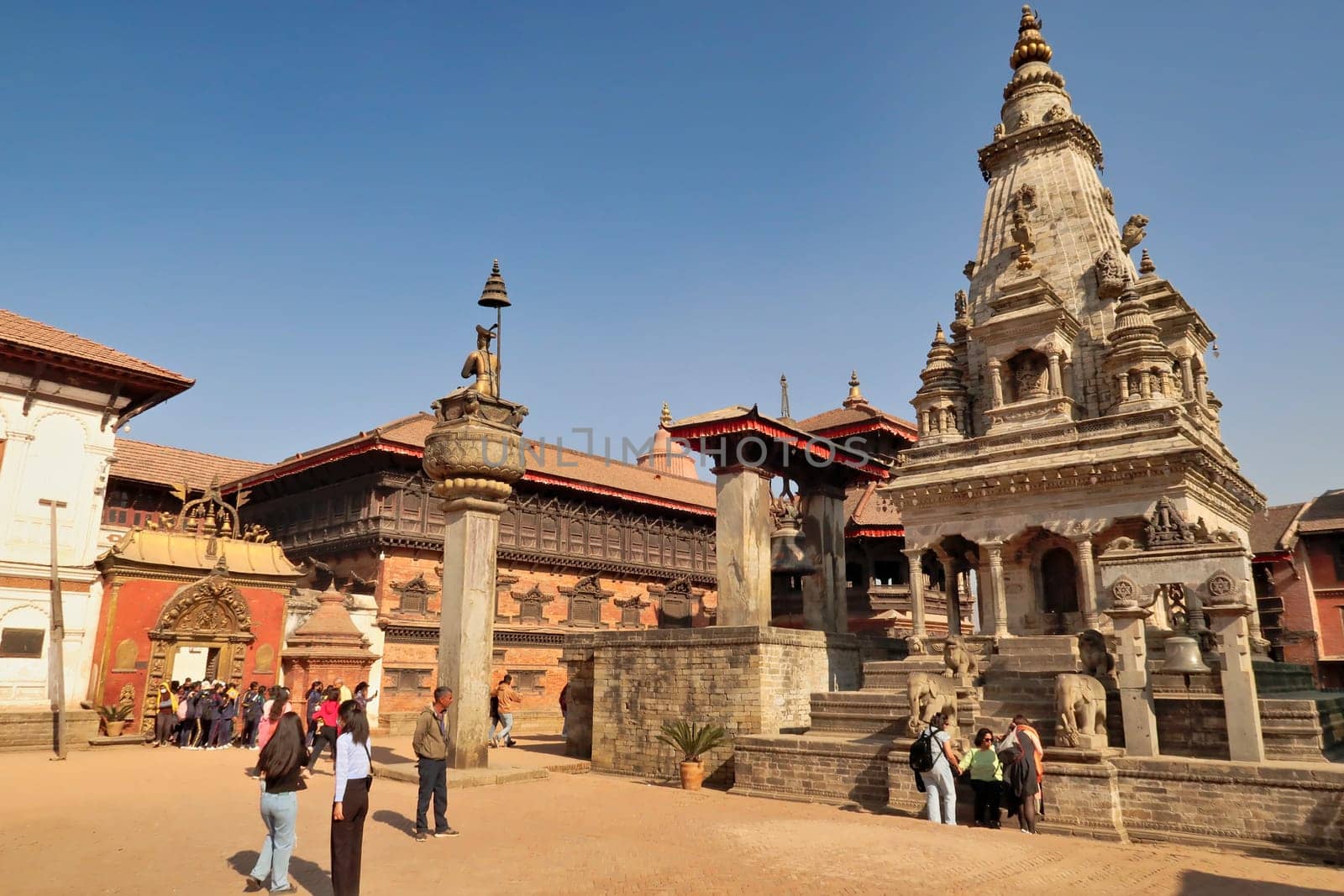 The Durbar Square with the Golden Gate, the 55 Window Palace, the Statue of King Bhupatindra Malla, the Big Bell and the Nritya, Nrtya Vatsala, Vatsala Durga, Devi Temple, Bhaktapur, Nepal 2022