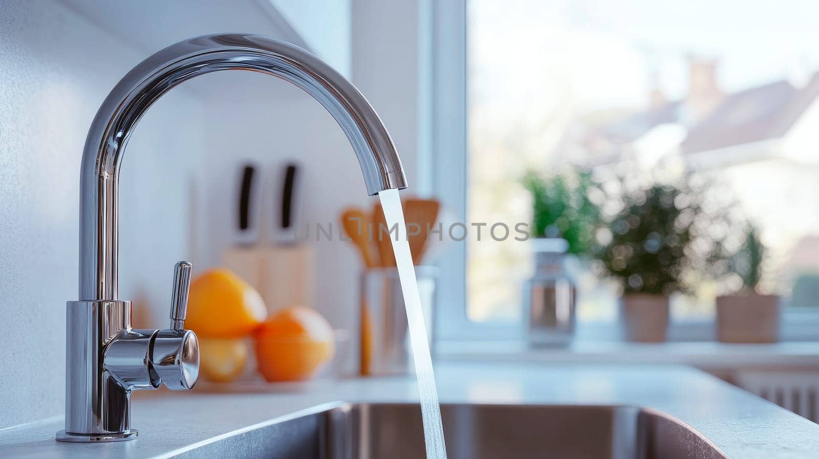 Close up shot of modern kitchen faucet with water running from tap, flow falling to empty dish sink at modern home interior. Sustainable resources consumption concept. AI generated
