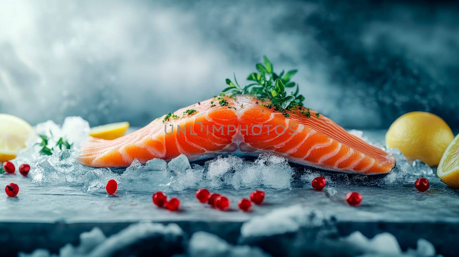 Raw salmon with herbs and spices on grey background. Fresh salmon fish on ice. AI generated