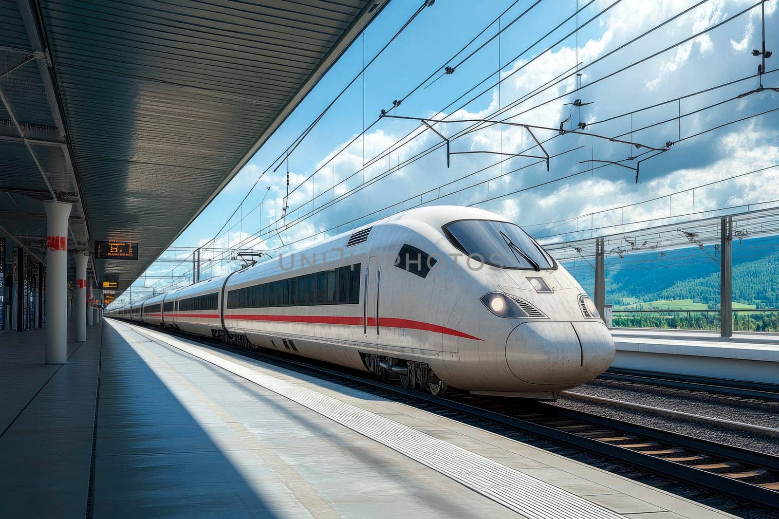 Passenger train arrive to empty railway station platform. AI generated
