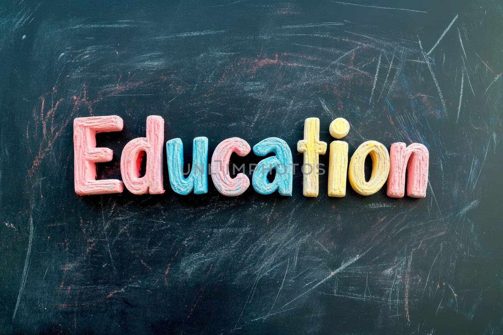 Word "Education"" on a black school blackboard. Back to school concept. AI generated"