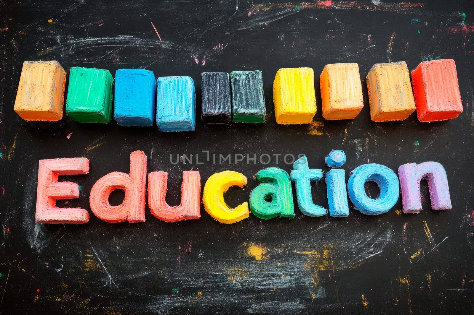 Word "Education"" written in chalk on a black school blackboard. Back to school concept. AI generated"