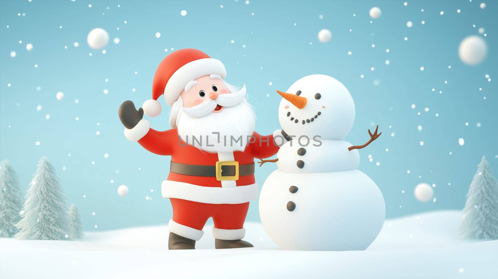 Santa Claus is playing with snowman in the snow, winter holiday season, christmas greeting card