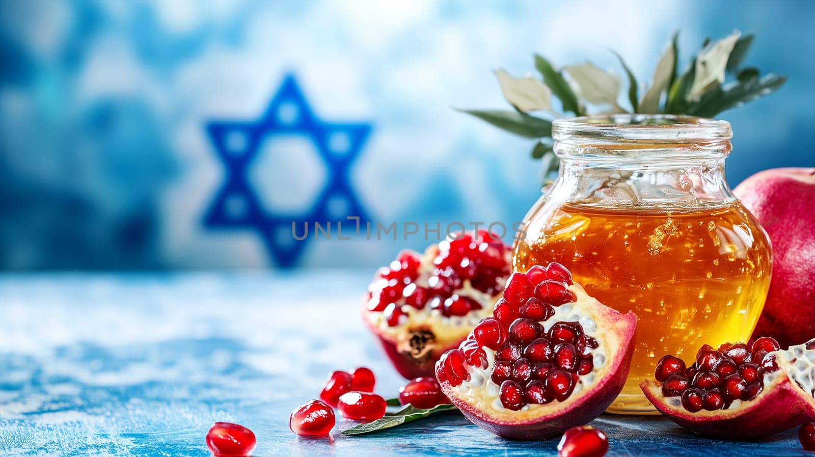 Rosh hashanah, jewish new year holiday, background with pomegranate and honey, traditional food for celebration
