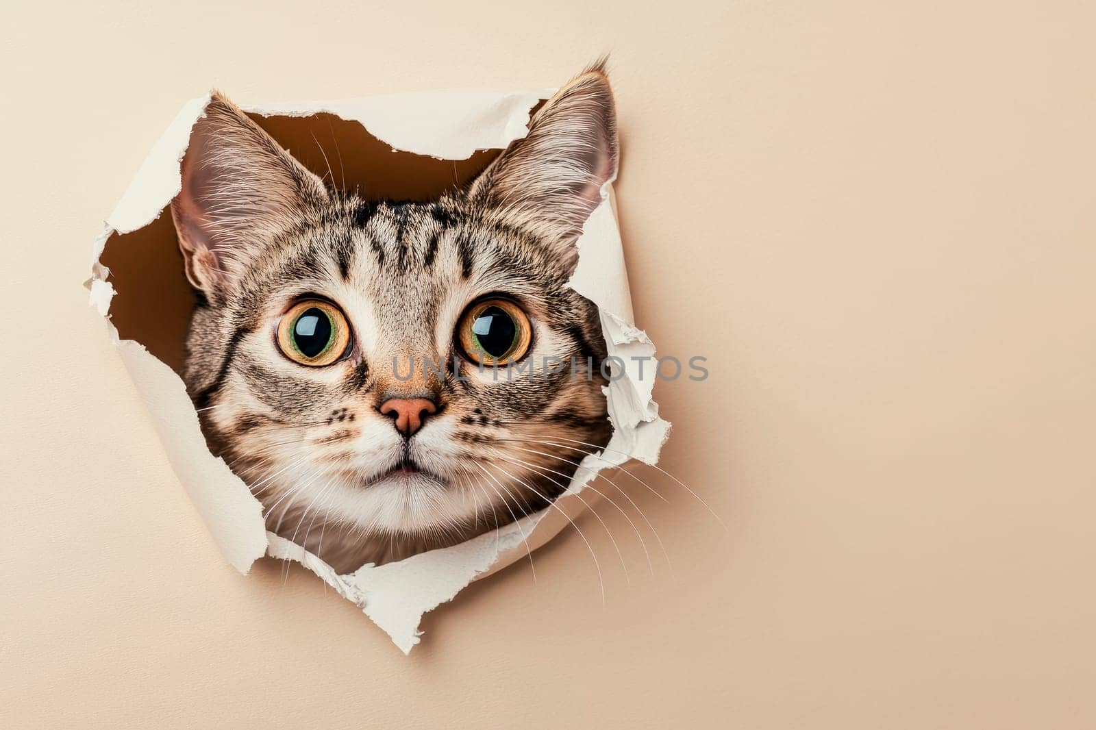 A  cute cat peering through a torn hole of paper. Copy space. AI generated