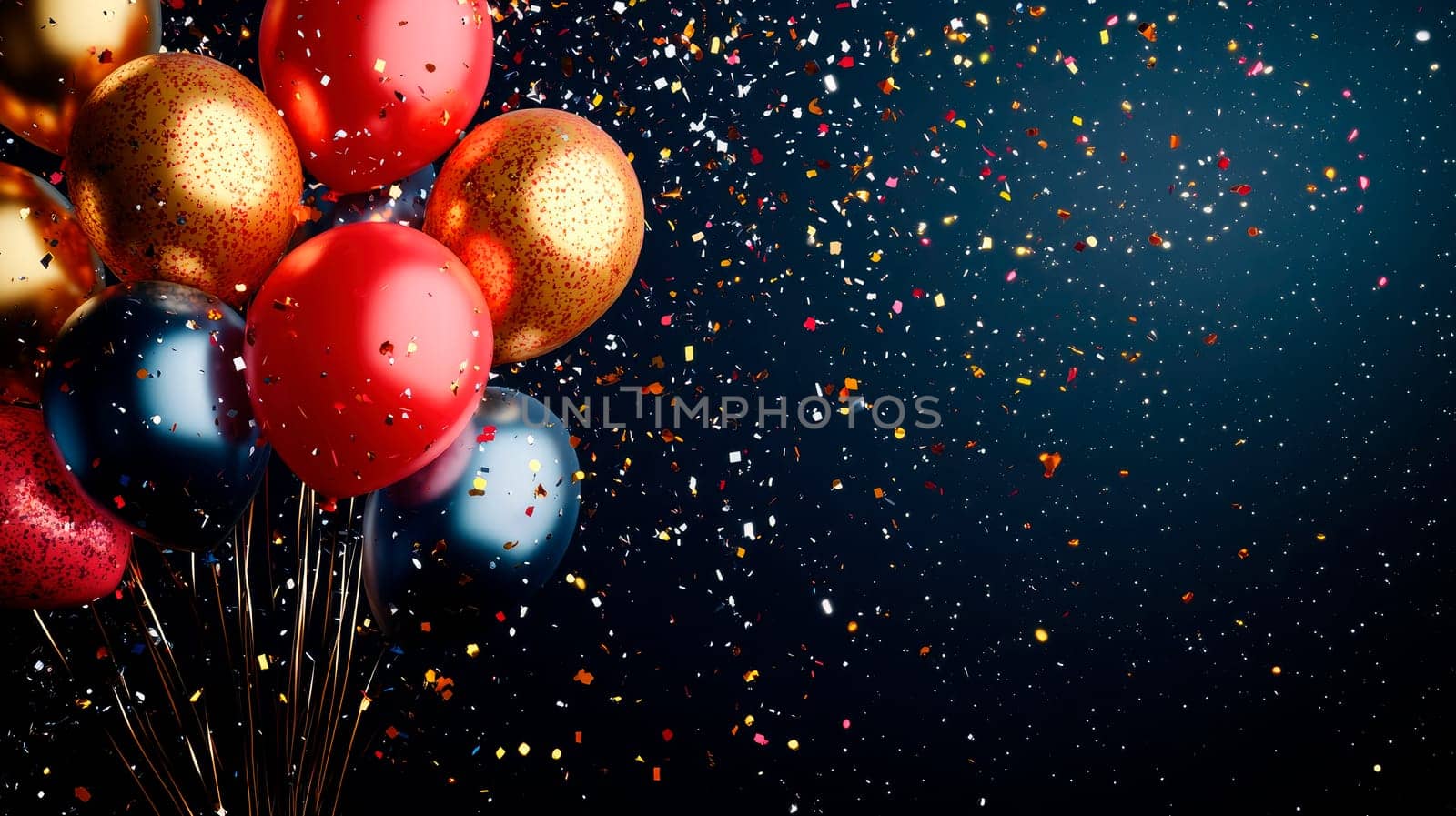 Festive balloons and confetti on a dark background. Background perfect for celebration, events or holiday with copy space area. AI generated