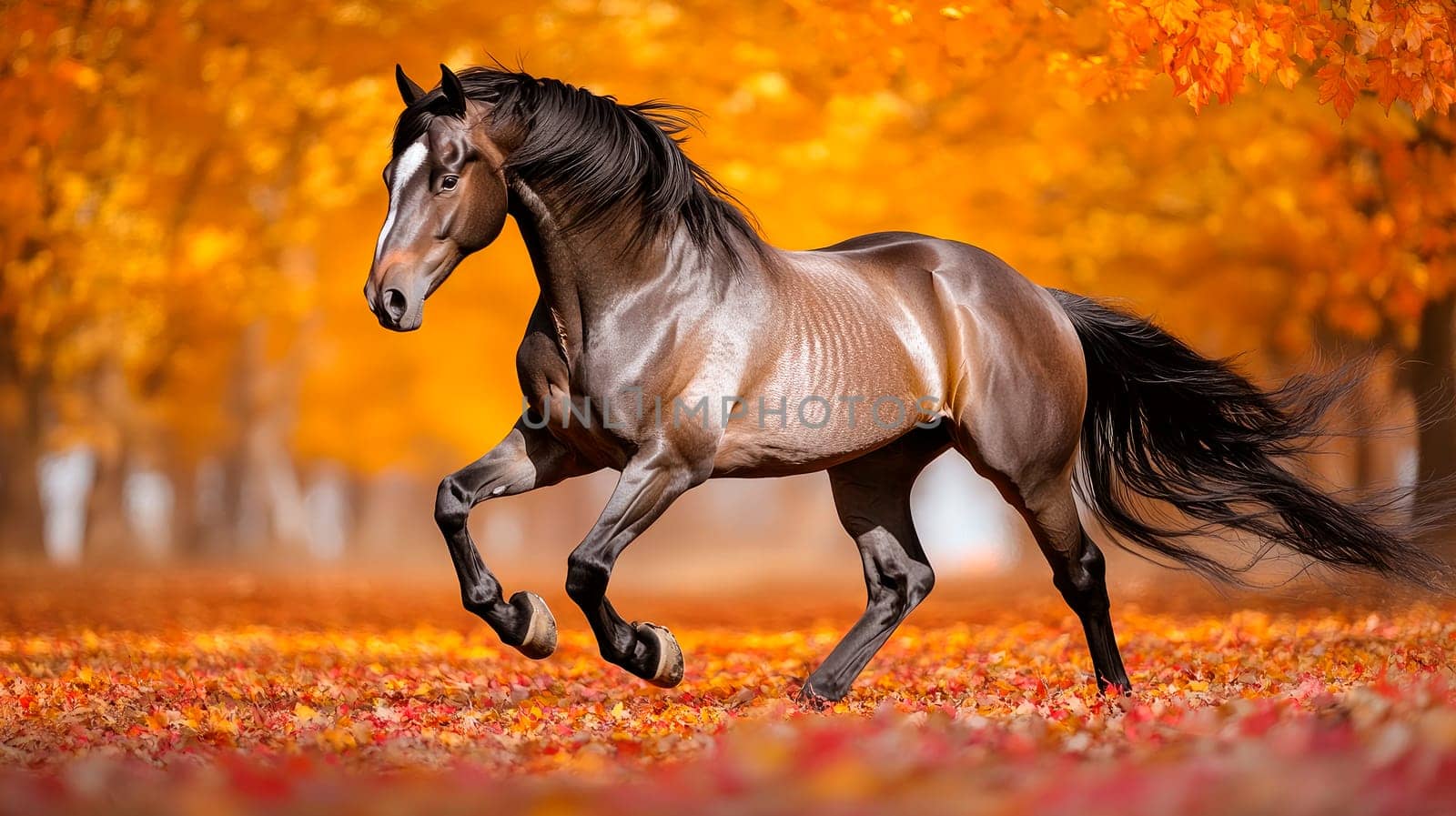 Beautiful brown horse running in the park in autumn. AI generated