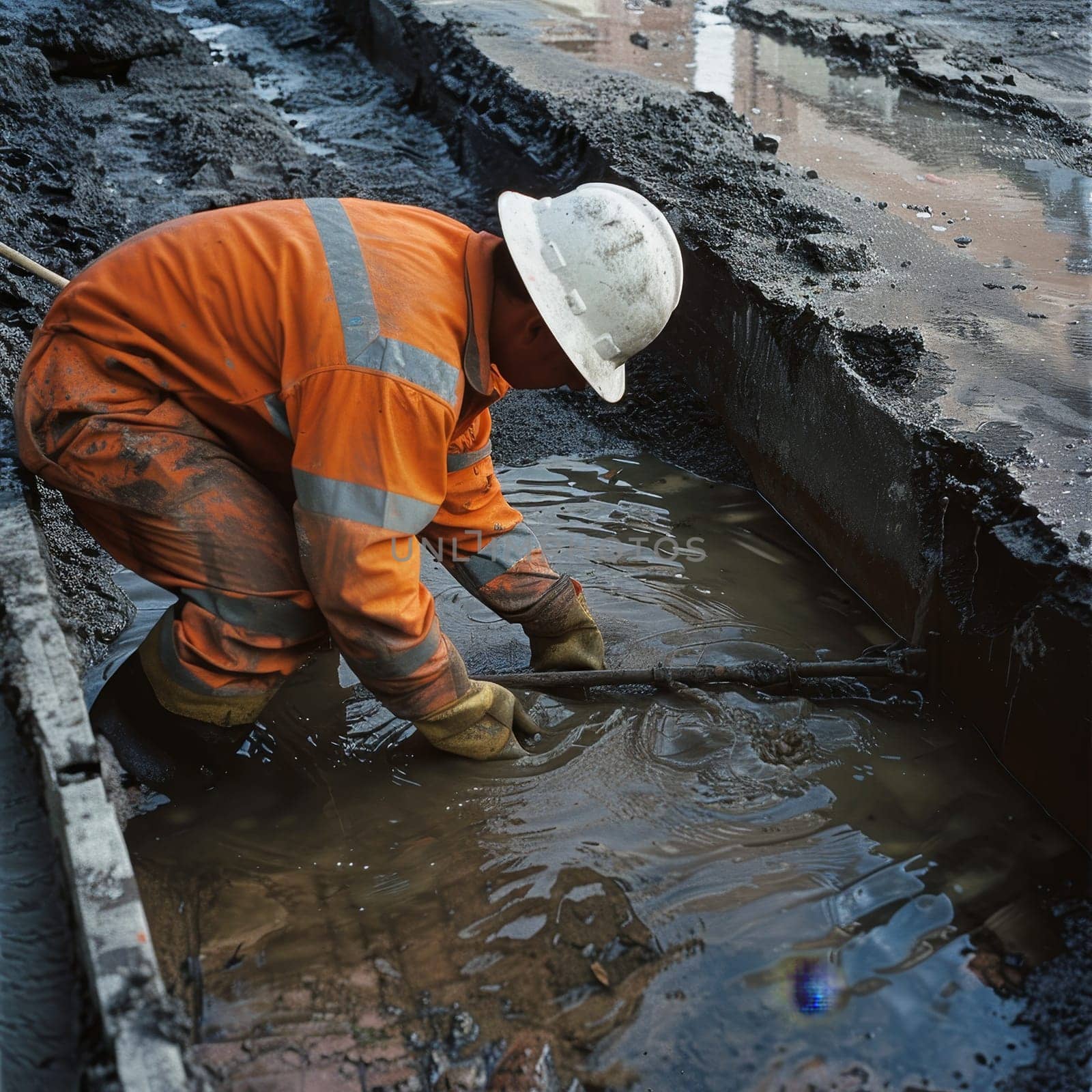 A worker in protective clothing diligently removes debris from a drainage ditch, critical for preventing urban flooding. The reflective stripes on his gear enhance visibility and safety