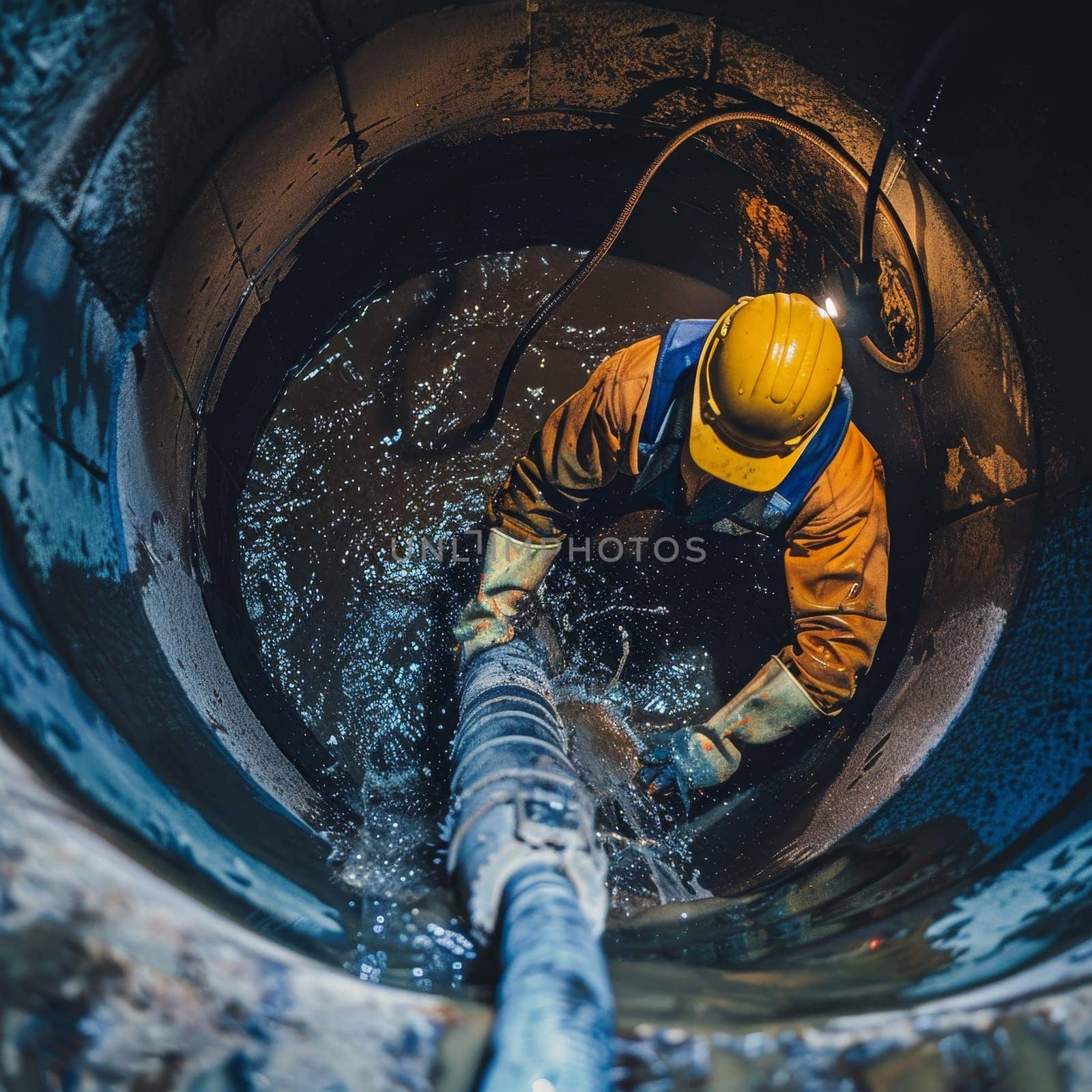 A technician in protective gear works in a deep sewer, ensuring the integrity of the city's waste management system. The image captures the essential nature of this often overlooked profession