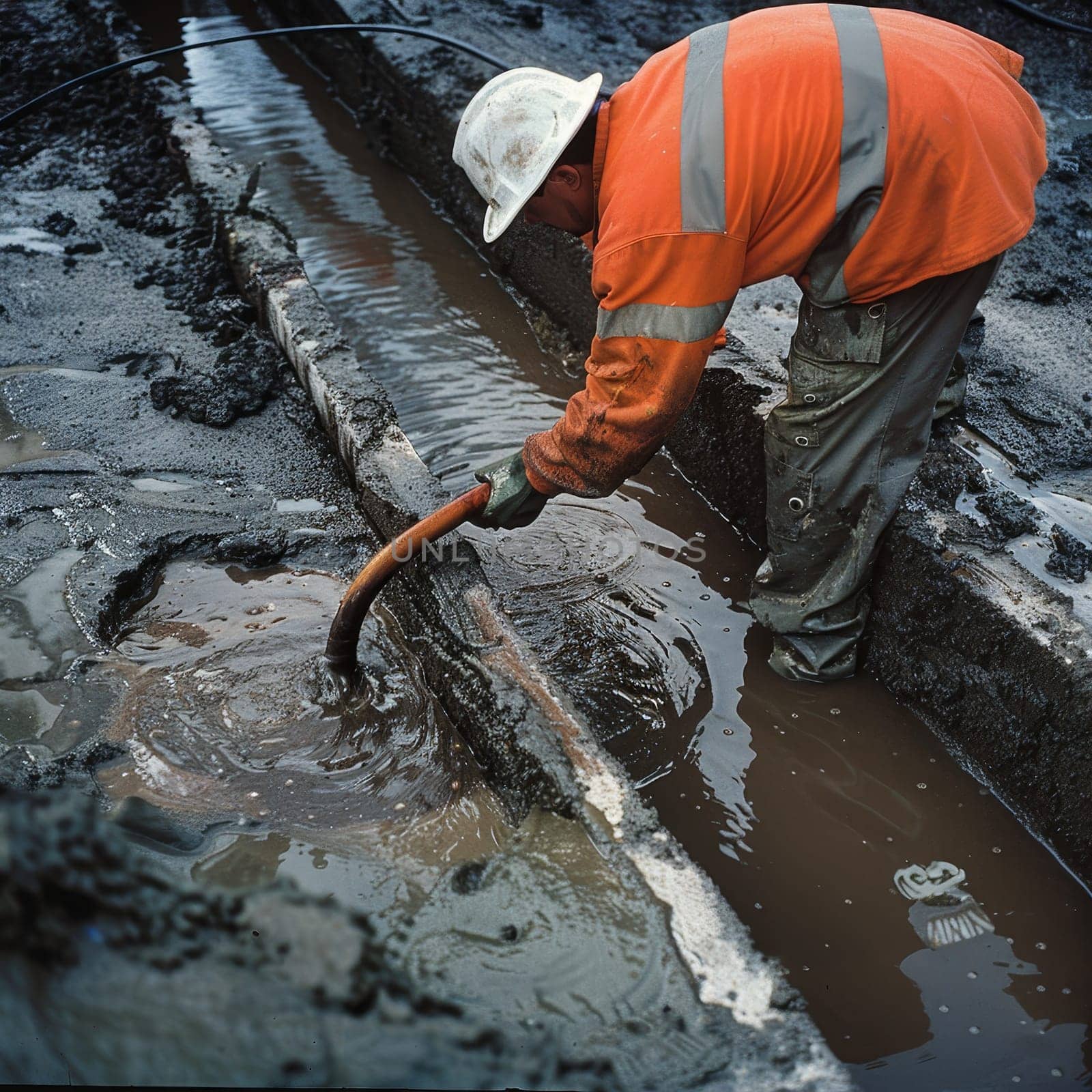 An outdoor worker in high-visibility orange gear clears mud from a canal with a shovel, a fundamental task in maintaining the city's drainage system. Image spotlights the physical nature of such jobs