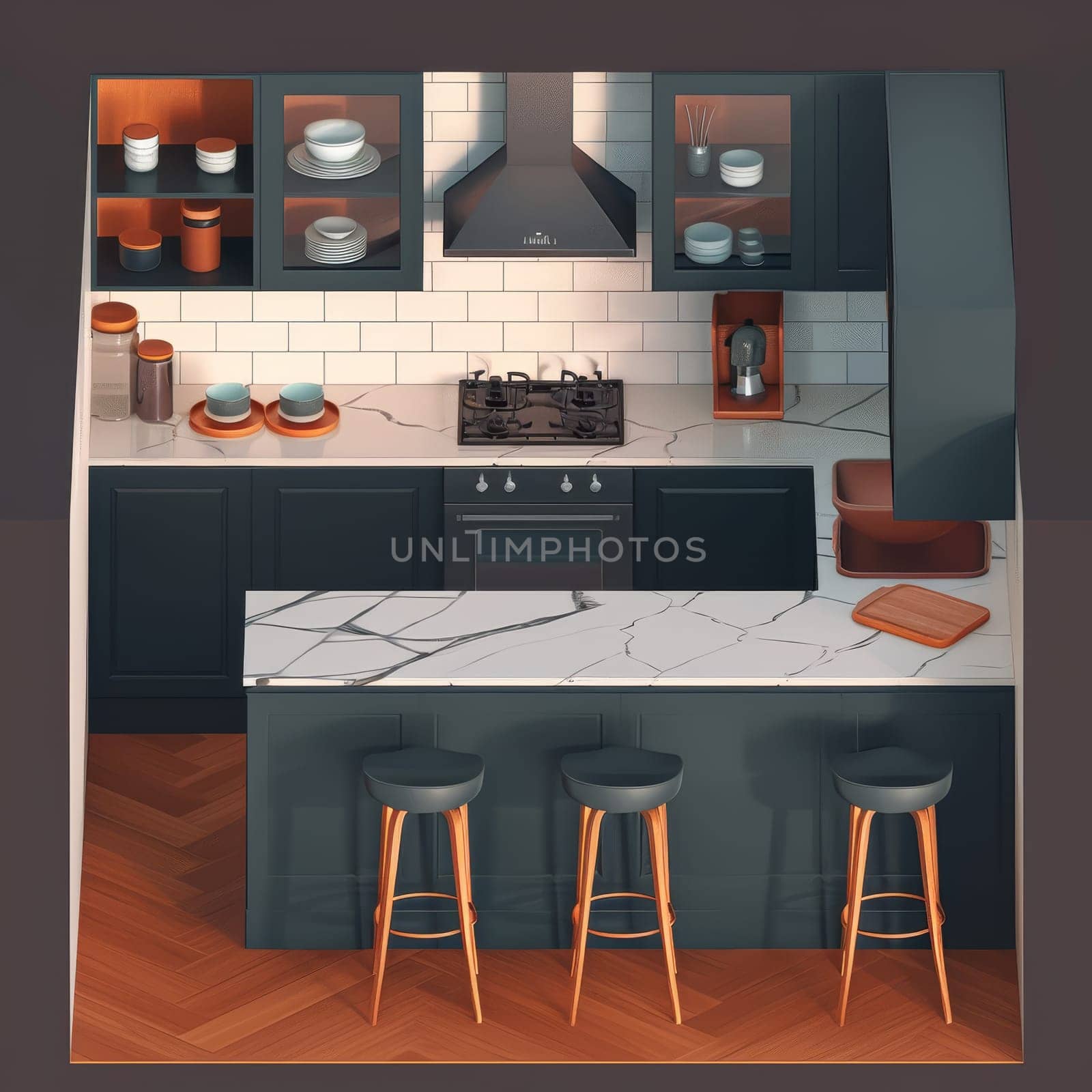 Modern kitchen with dark cabinets, marble countertops, and bar stools