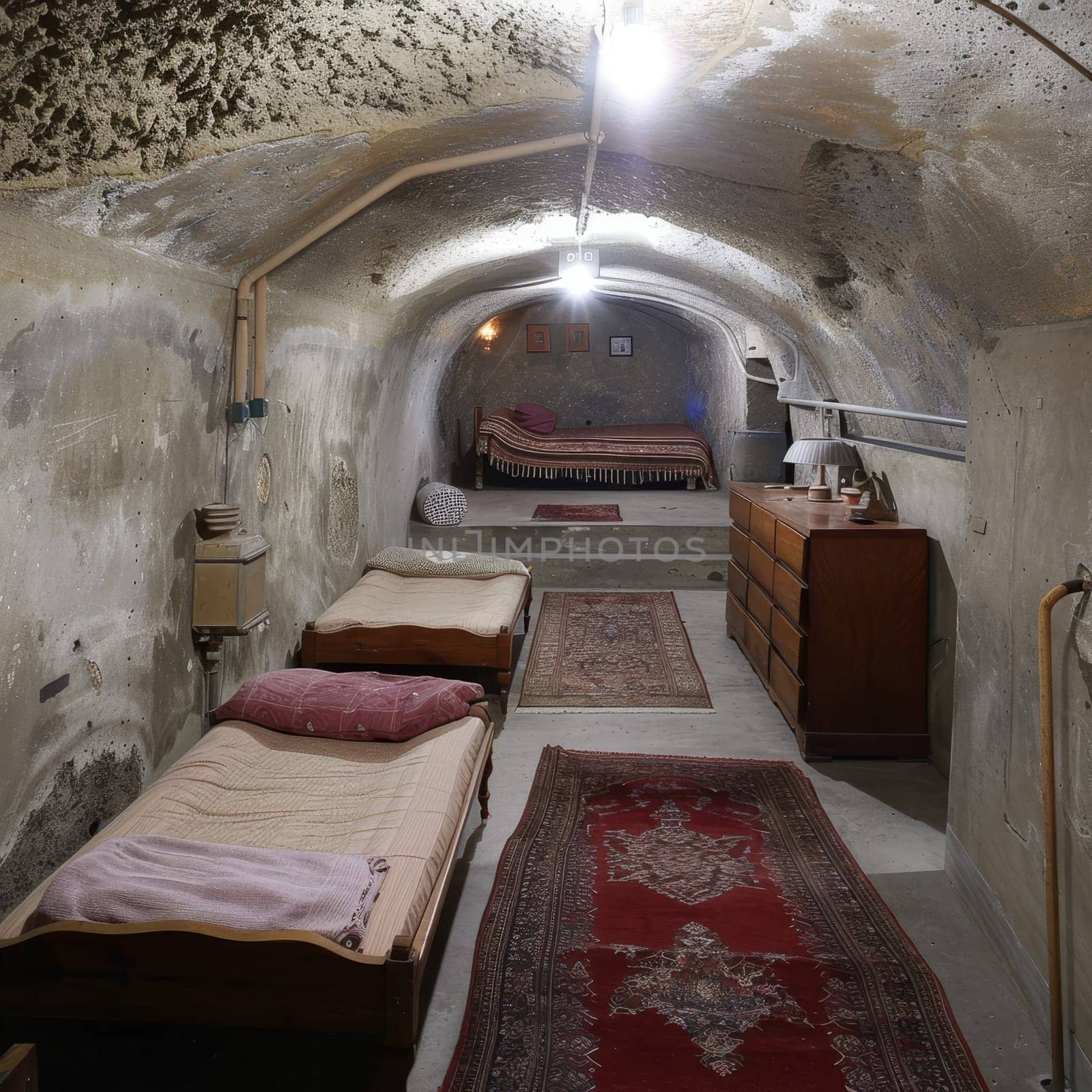 A subterranean bunker's interior, with its stark and functional design, stands ready for an emergency. The space is a testament to survival instinct and the need for security in uncertain times