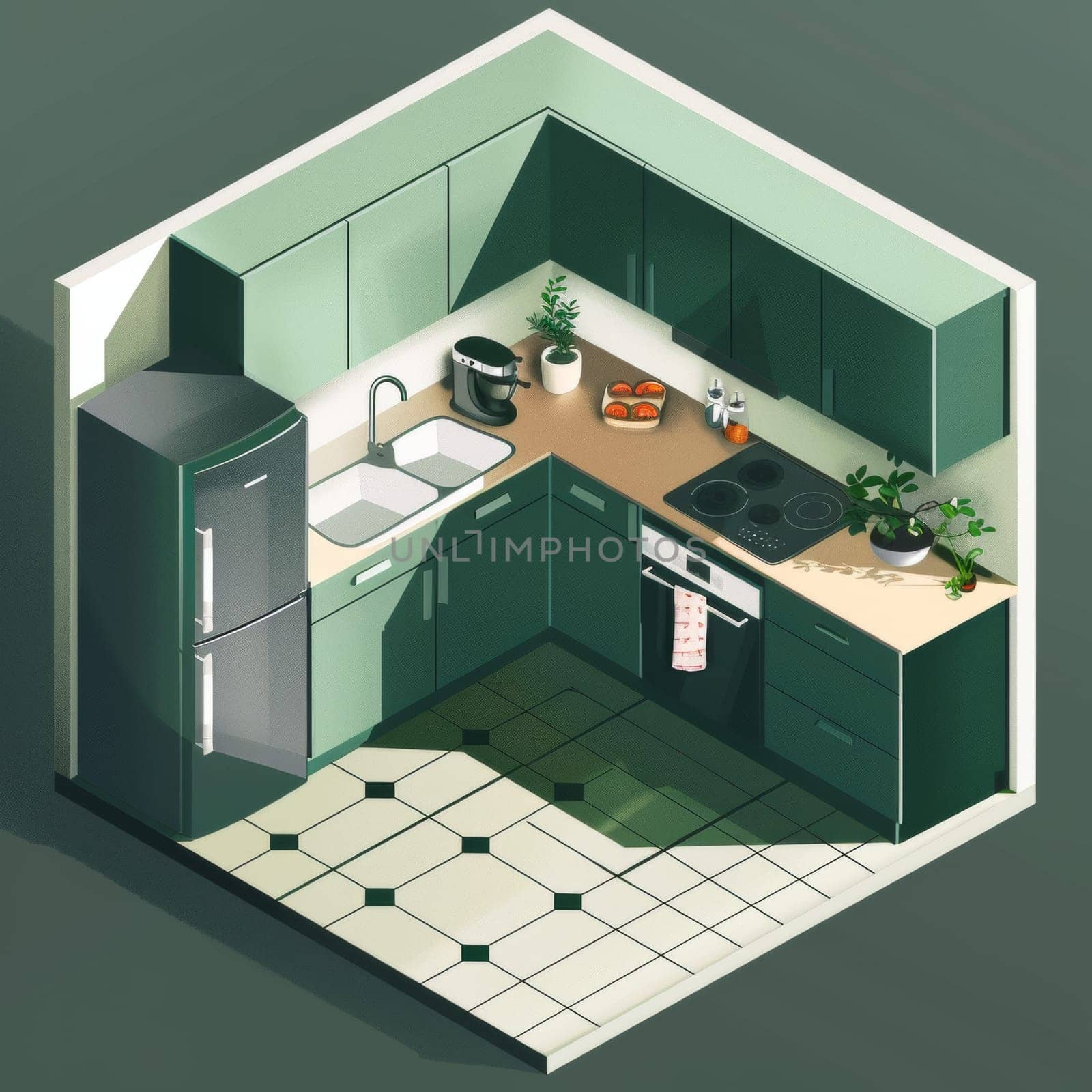 Isometric view of a modern kitchen with green cabinets, equipped with appliances and utensils