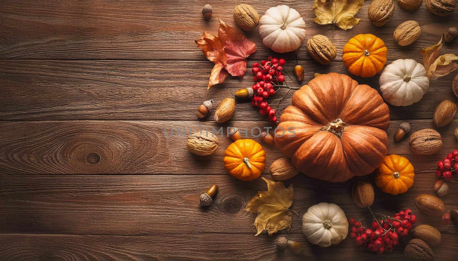 Pumpkins, nuts, colorful berries and leaves on an old wooden table. Autumn seasonal background top view. Halloween and thanksgiving holiday conceptual texture with copy space