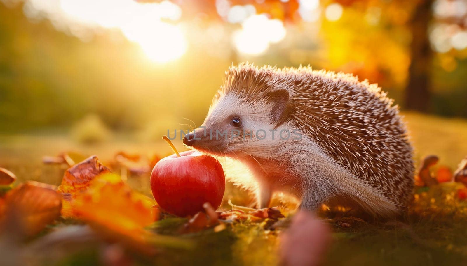 Closeup cute hedgehog in an apple orchard picking autumn harvest fruits for hibernation. Fall season background