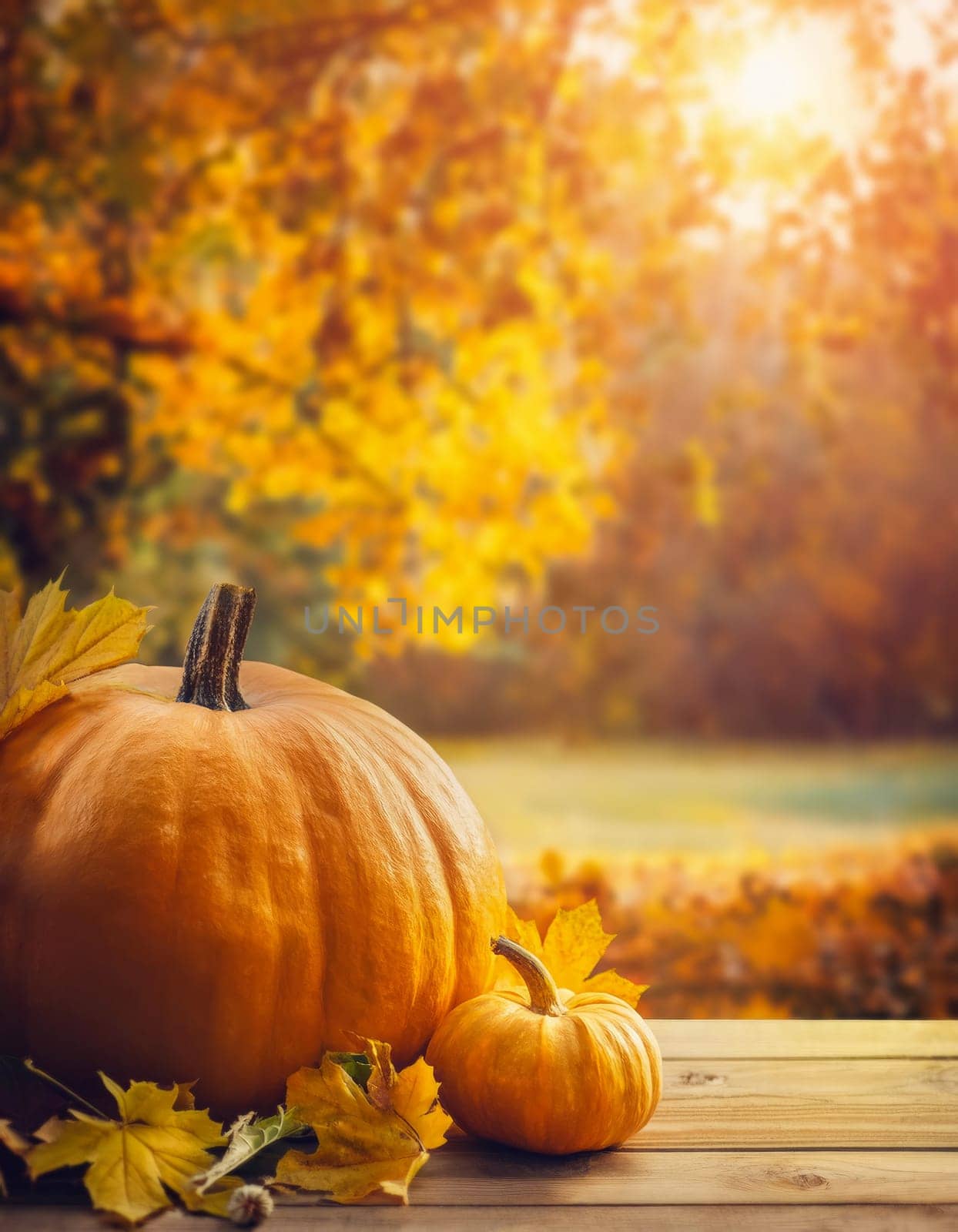 Old wooden table with colorful maple leaves and big pumpkins over blurry garden background with copy space. Late fall seasonal view