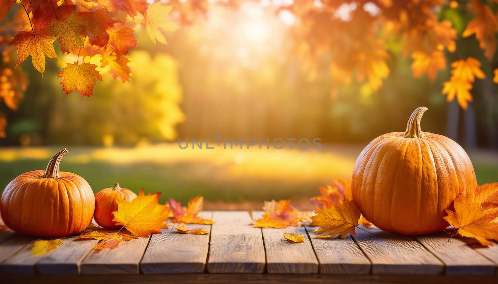 Old wooden table with colorful maple leaves and big pumpkins over blurry garden background with copy space. Late fall seasonal view