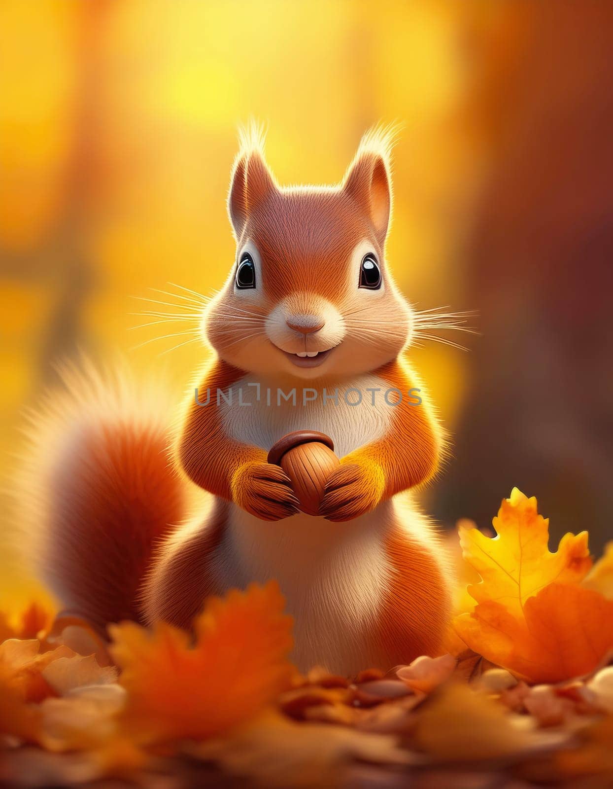 Cute little squirrel stands on a pile of fallen leaves holding an oak acorn. Autumn seasonal background
