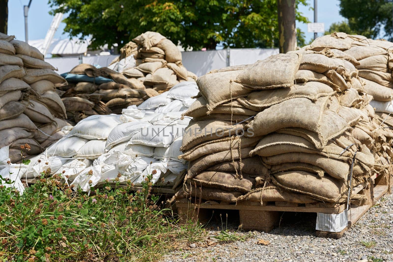 Sandbags as flood protection from the last flood on the shores of Lake Constance, Bodensee, in Constance, Konstanz Germany