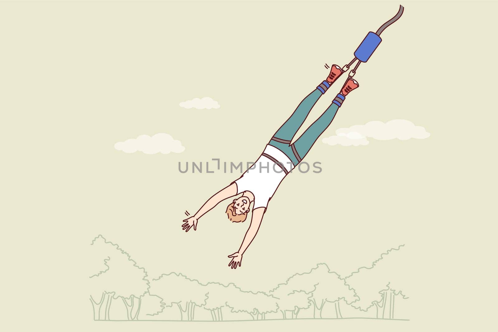 Man gets addicted to bungee jumping, enjoying extreme sport that releases adrenaline into blood. Guy who is fan of bungee jumping flies down from tall building or bridge and smiles, looking at screen
