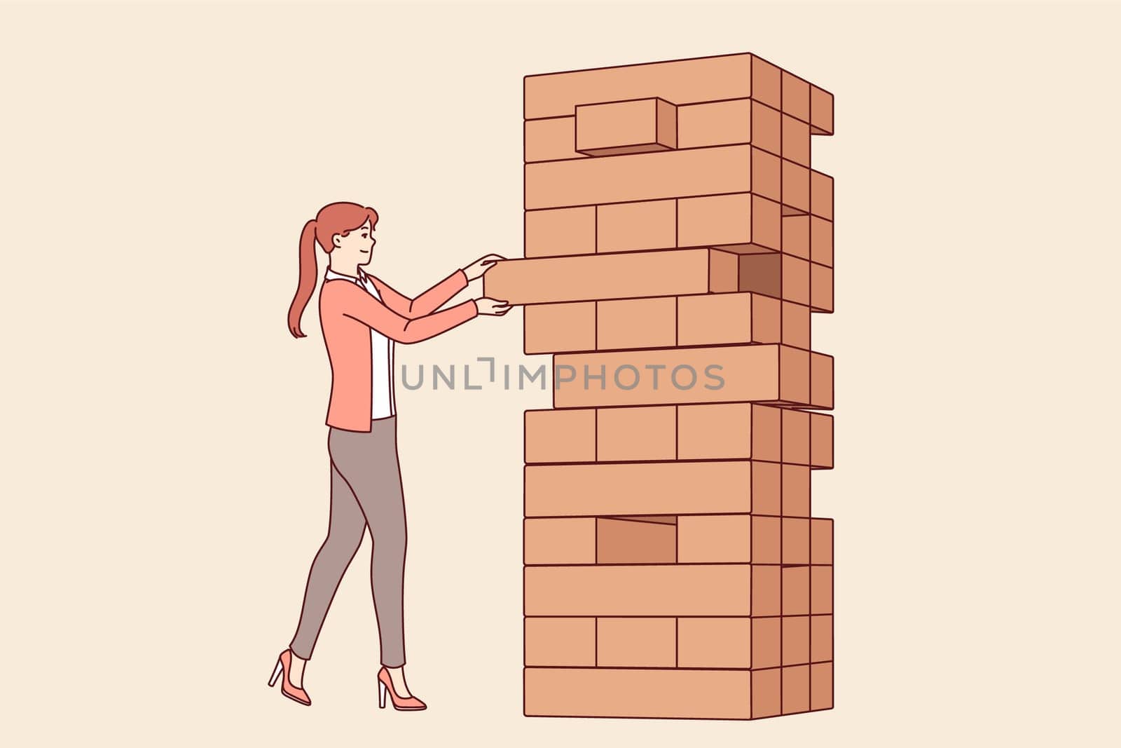 Woman plays jenga game, pulling blocks from giant tower, to develop skills of equilibrium and balance that allow to succeed. Jenga game for entertainment and fun free time with friends or alone